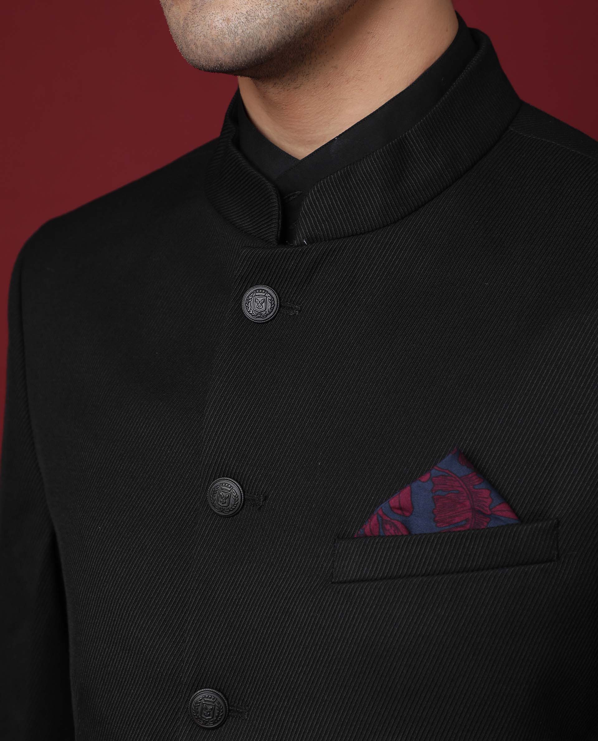 Rare Rabbit Men's Edit Band Black Mandarin Collar Tailored Fit Twill Textured Bandhgala