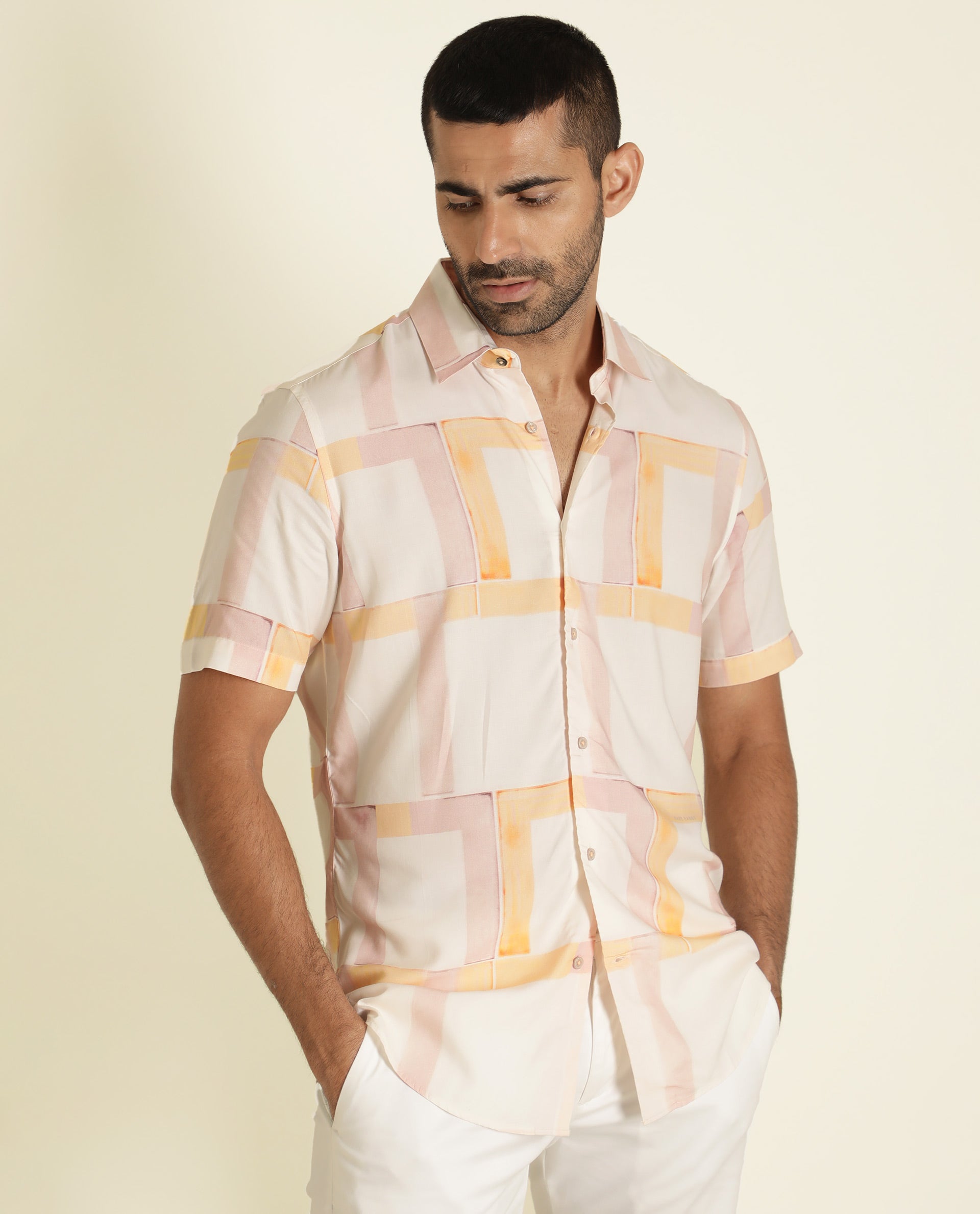 Rare Rabbit Men's Kexby White Viscose Fabric Abstract Print Half Sleeves Shirt