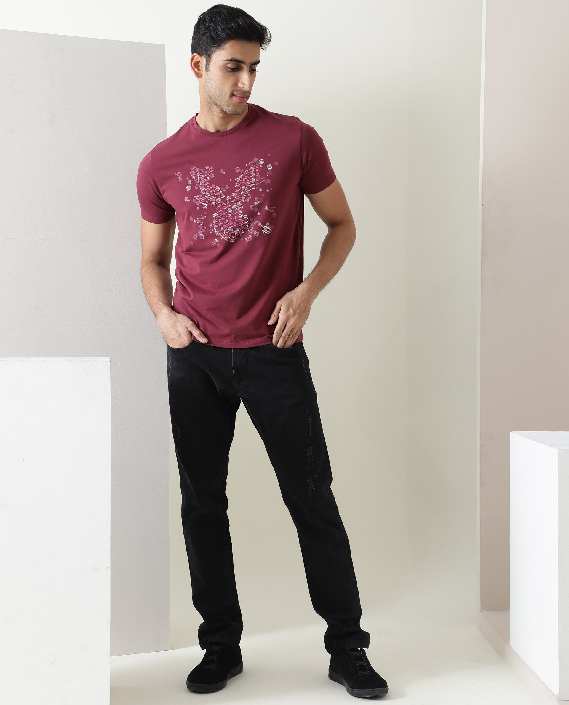 Rare Rabbit Men's Smokey Maroon Cotton Lycra Fabric Crew Neck Half Sleeves Regular Fit HD Printed Logo T-shirt