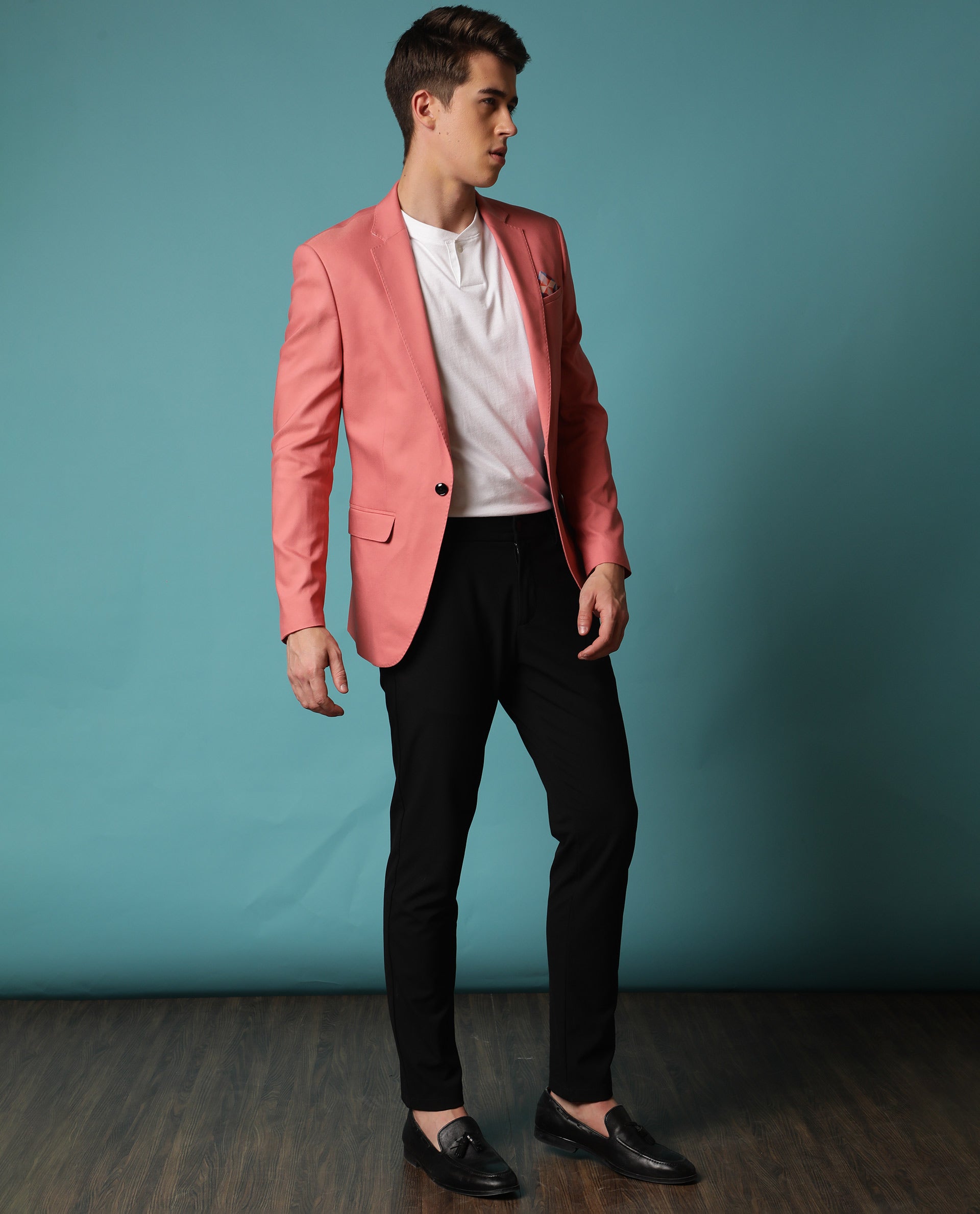 Rare Rabbit Men's Bart Pink Polyester Viscose Fabric Notch Lapel Single Breasted Tailored Fit Solid Blazer