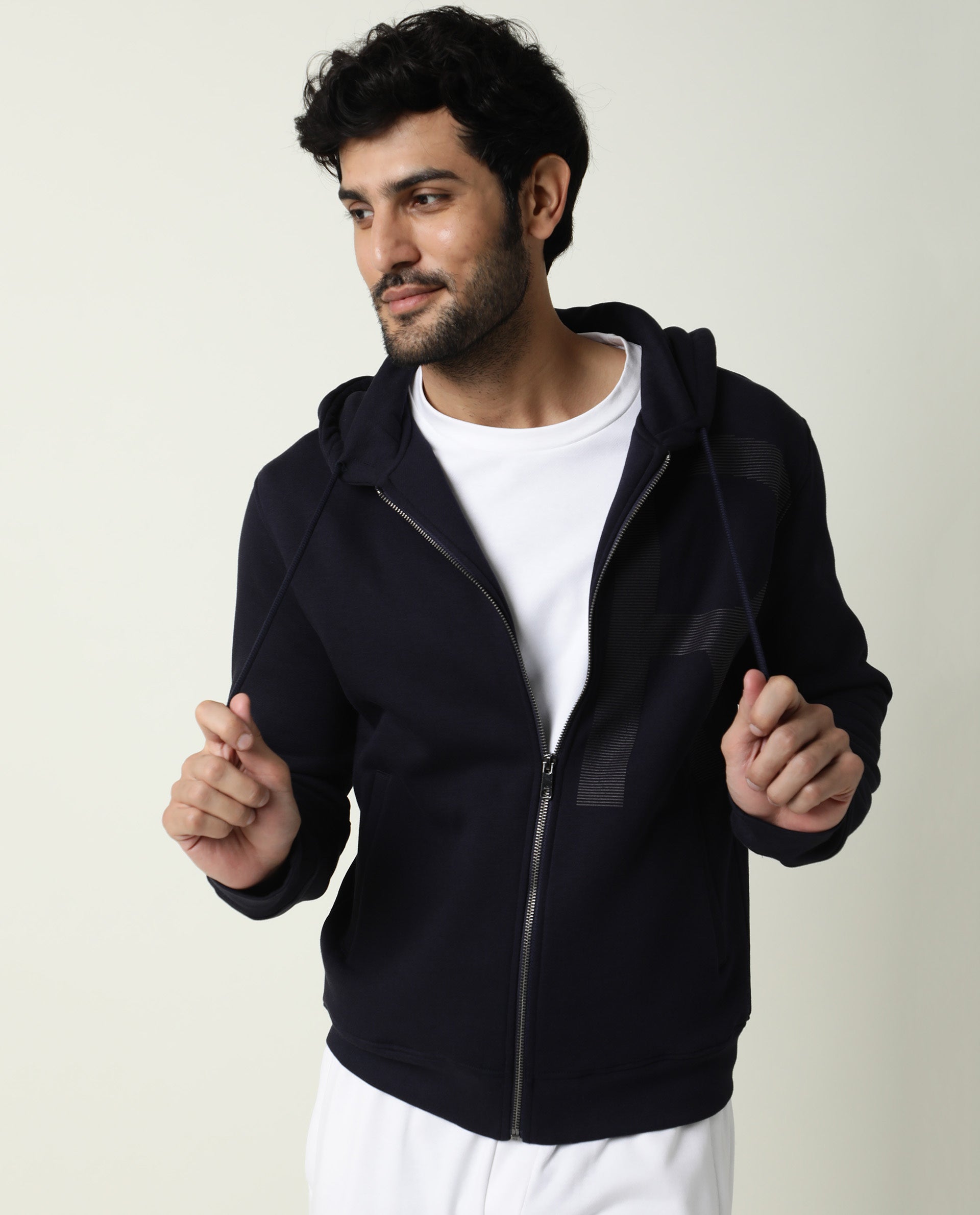 Rare Rabbit Men'S Albell Navy Sweatshirt Cotton Polyester Fabric Hooded Neck Full Sleeves Zipper Closure Slim Fit