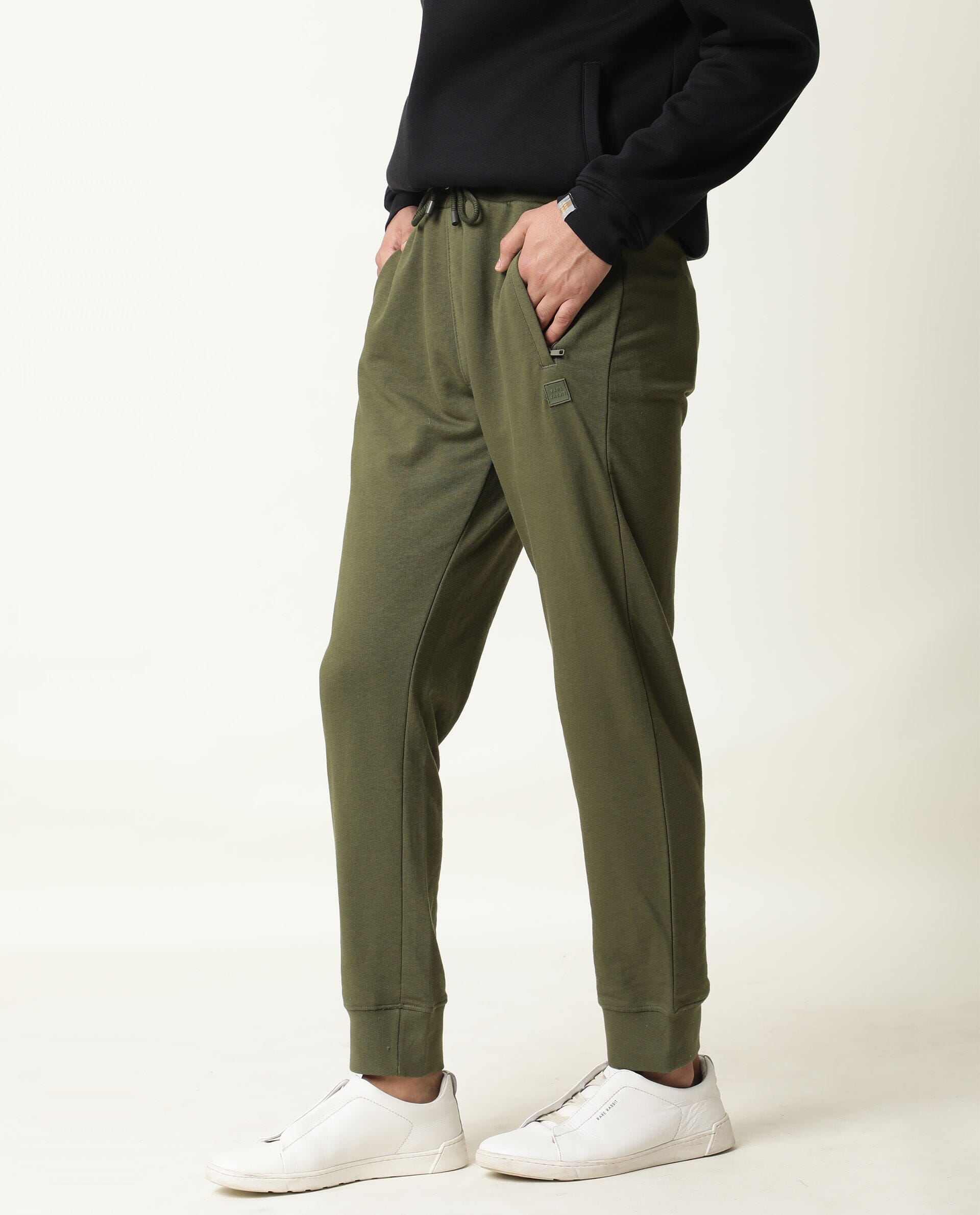 RARE RABBIT MEN'S ARTIC OLIVE TRACK PANT COTTON POLY FABRIC SLIM FIT MID RISE