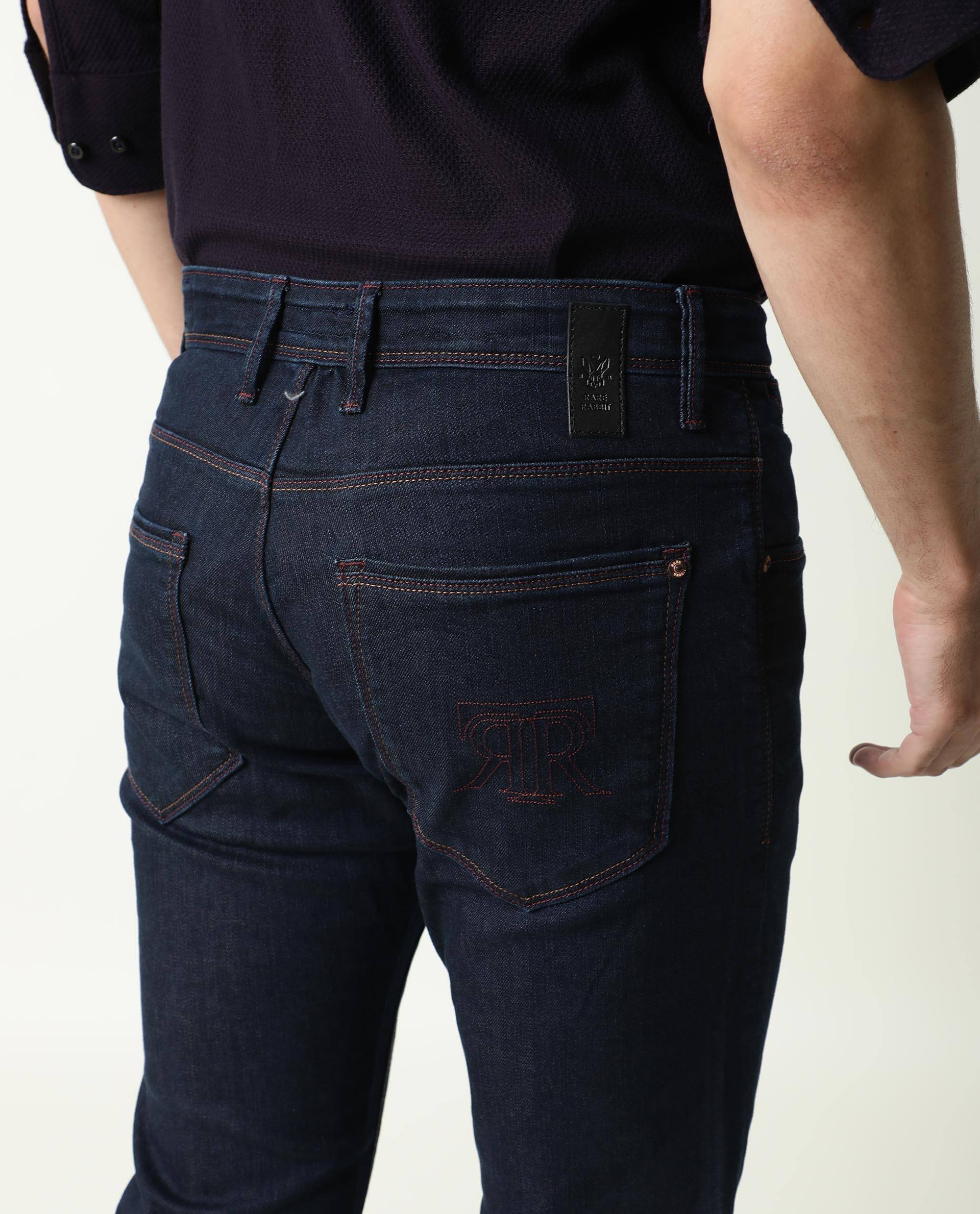 Rare Rabbit Men's Dratt-2 Navy Dark Wash Mid-Rise Slim Fit Jeans