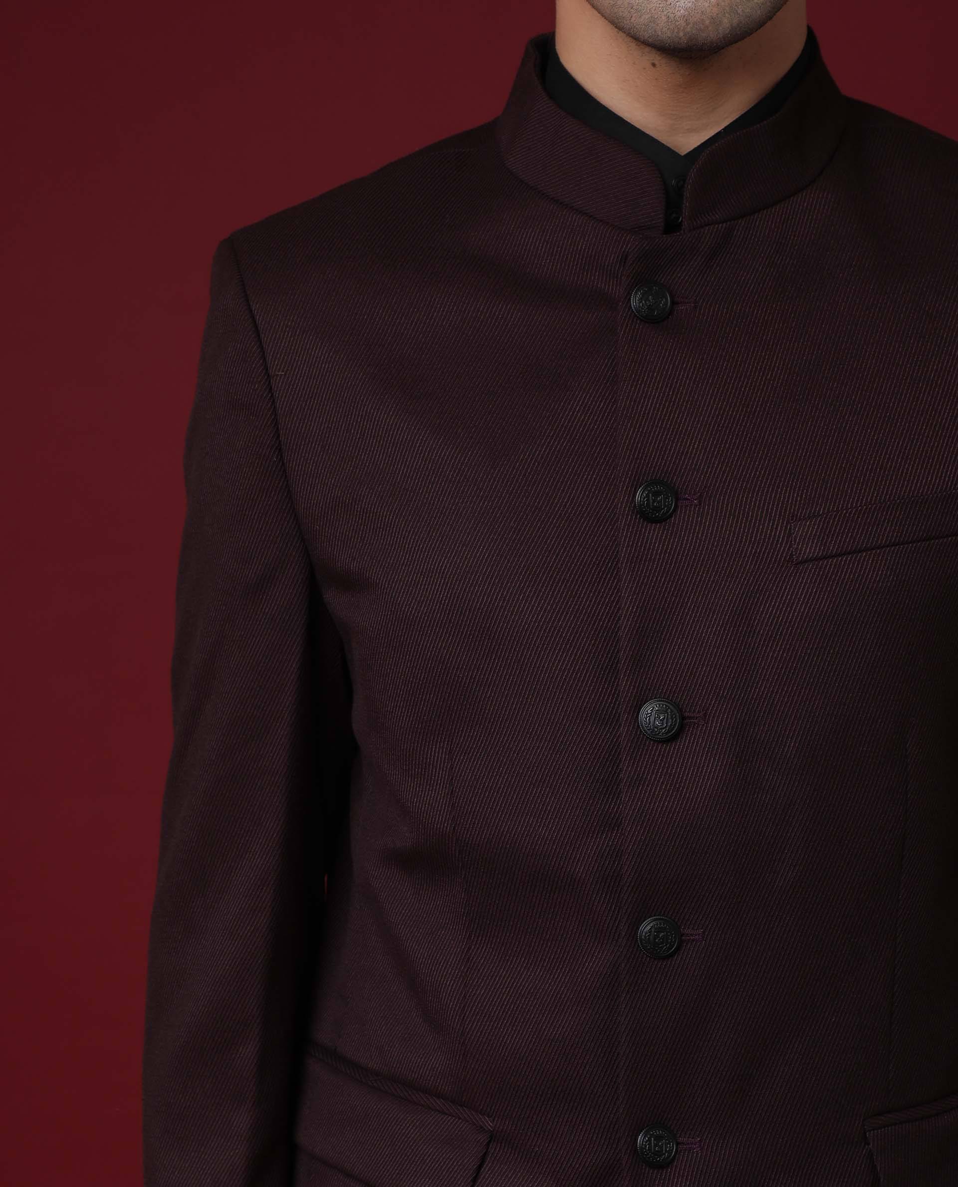 Rare Rabbit Men's Edit Band Maroon Mandarin Collar Tailored Fit Twill Textured Bandhgala