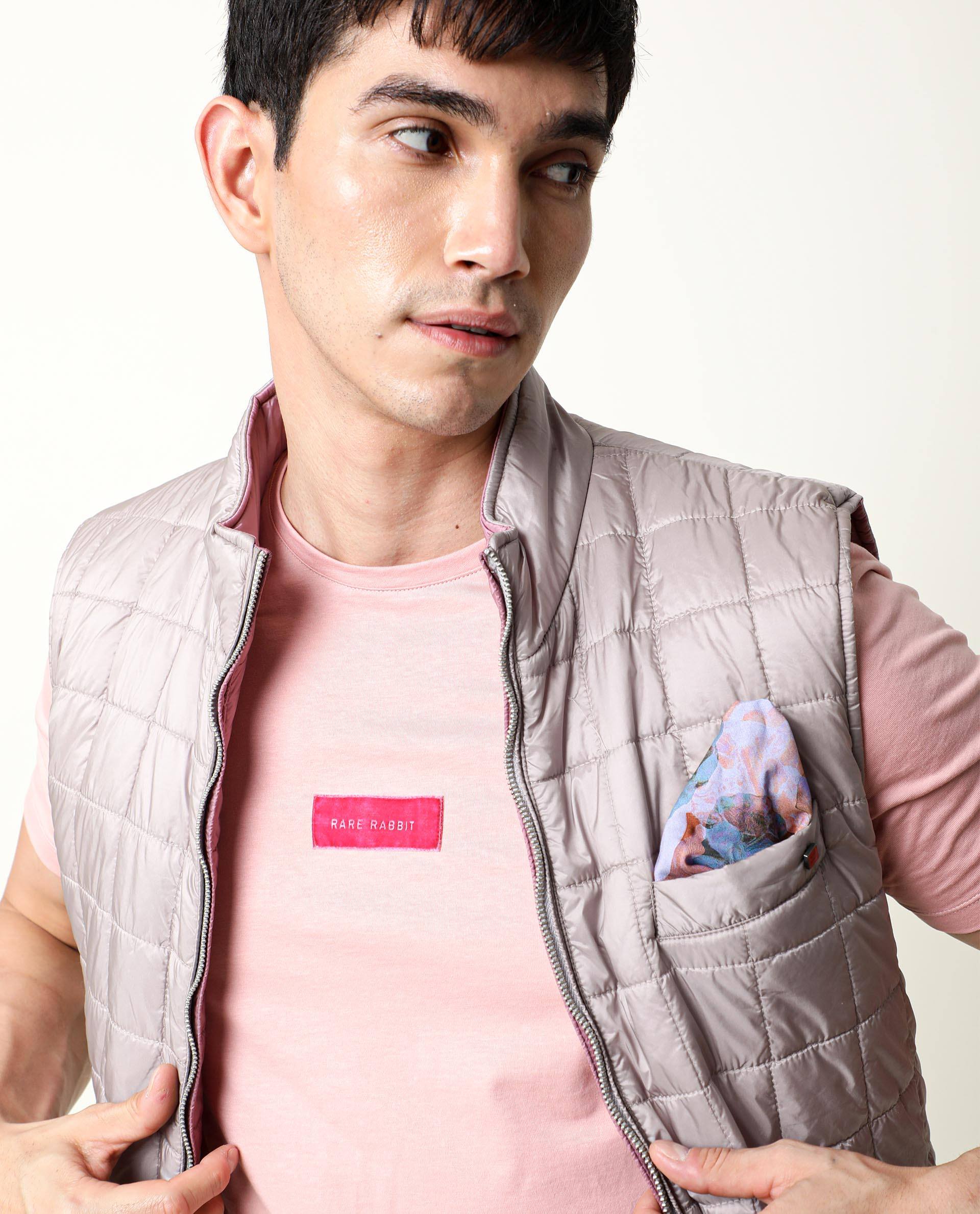 Rare Rabbit Men's Trix Peach Cotton Fabric Crew Neck Half Sleeves Slim Fit Velvet Badge Solid T-Shirt