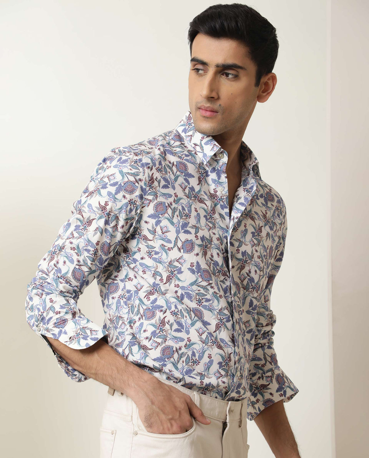 Rare Rabbit Men's Lambos White Viscose Fabric Floral Print Full Sleeves Shirt
