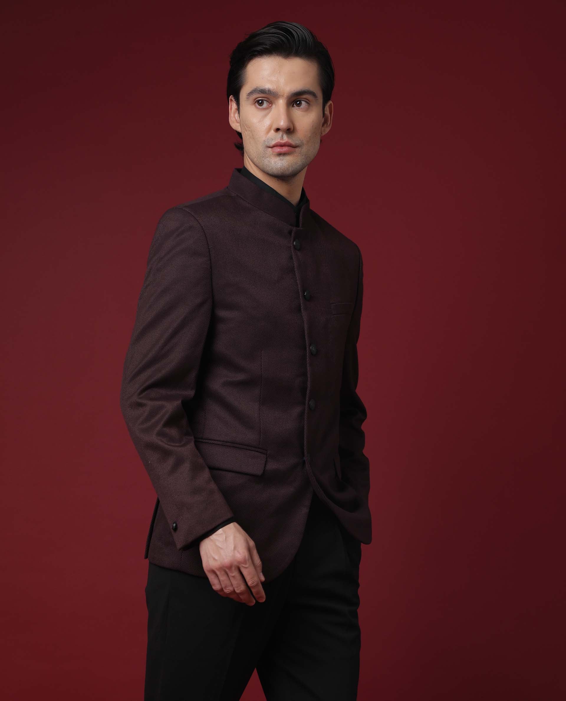 Rare Rabbit Men's Edit Band Maroon Mandarin Collar Tailored Fit Twill Textured Bandhgala