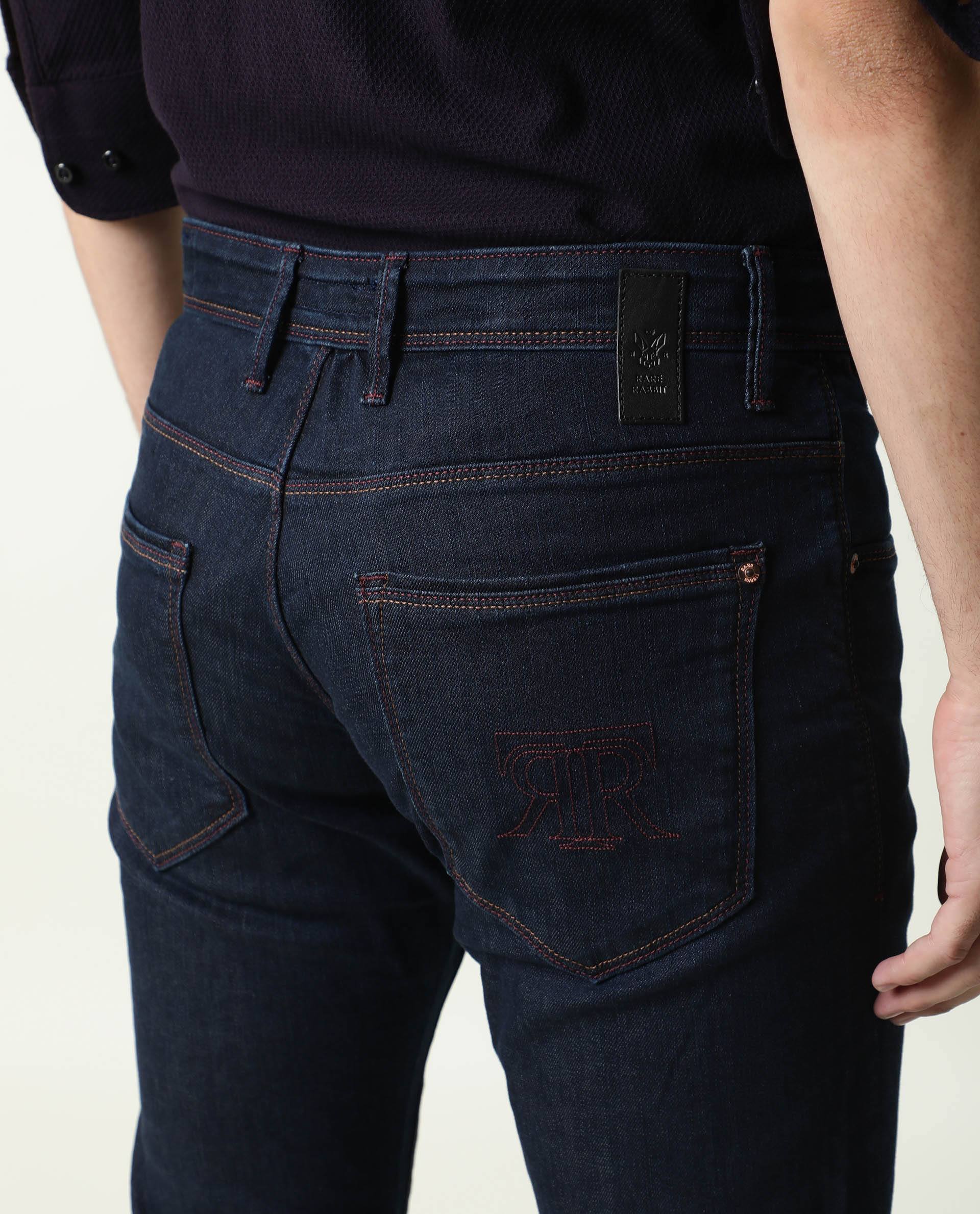 Rare Rabbit Men's Dratt-2 Navy Dark Wash Mid-Rise Slim Fit Jeans