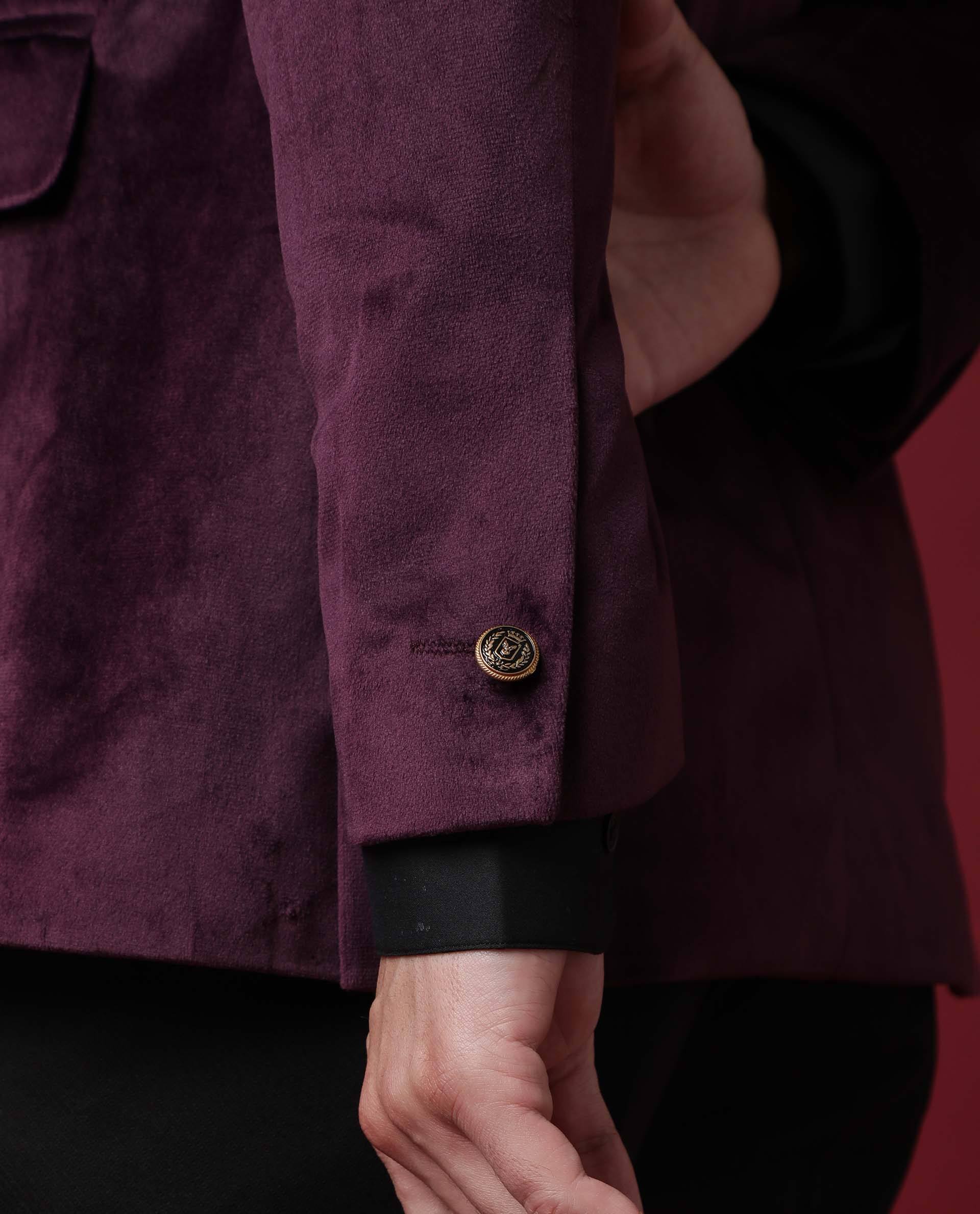 Rare Rabbit Men's Core Primary Maroon Mandarin Collar Full Sleeves Slim Fit Velvet Bandhgala