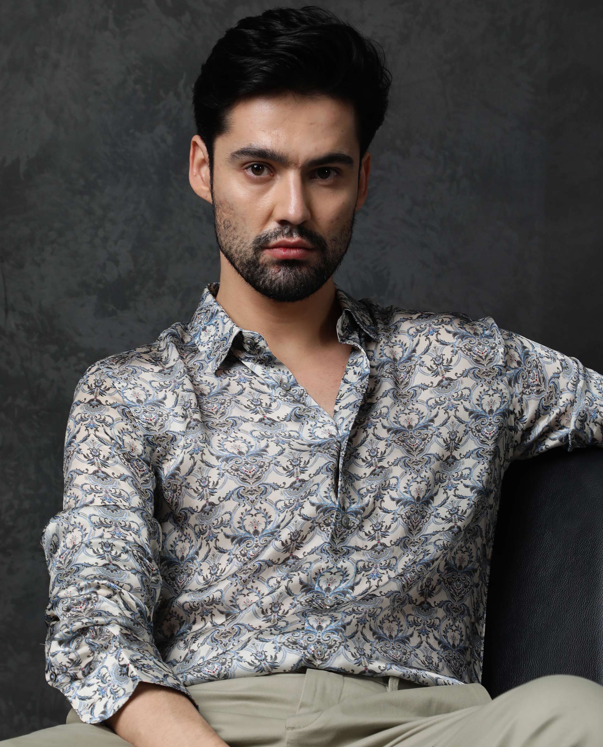 Rare Rabbit Men's Montor Beige Satin Abstract Print Full Sleeves Shirt