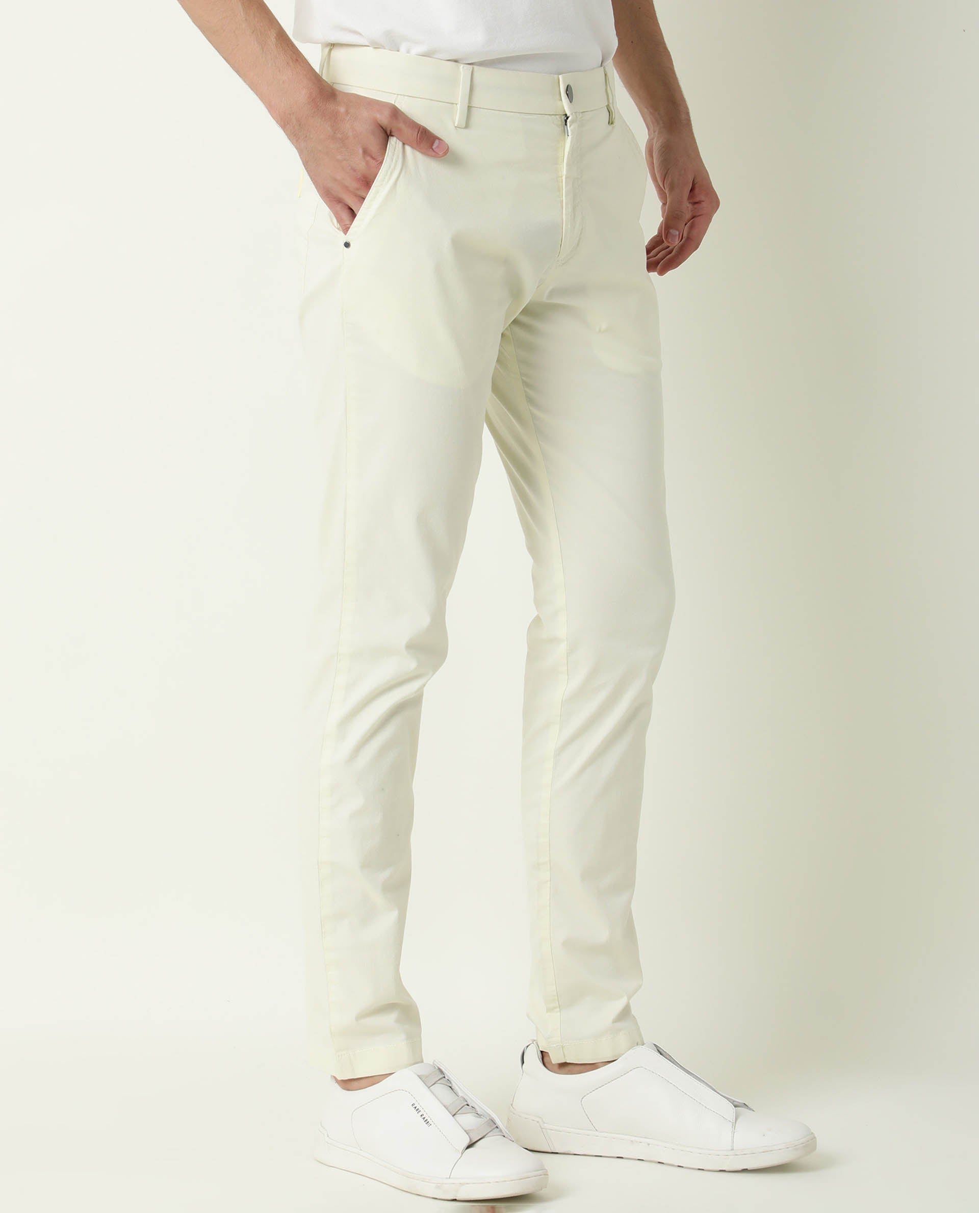 Rare Rabbit Men's Popins Flouroscent Green Solid Mid-Rise Slim Fit Trouser