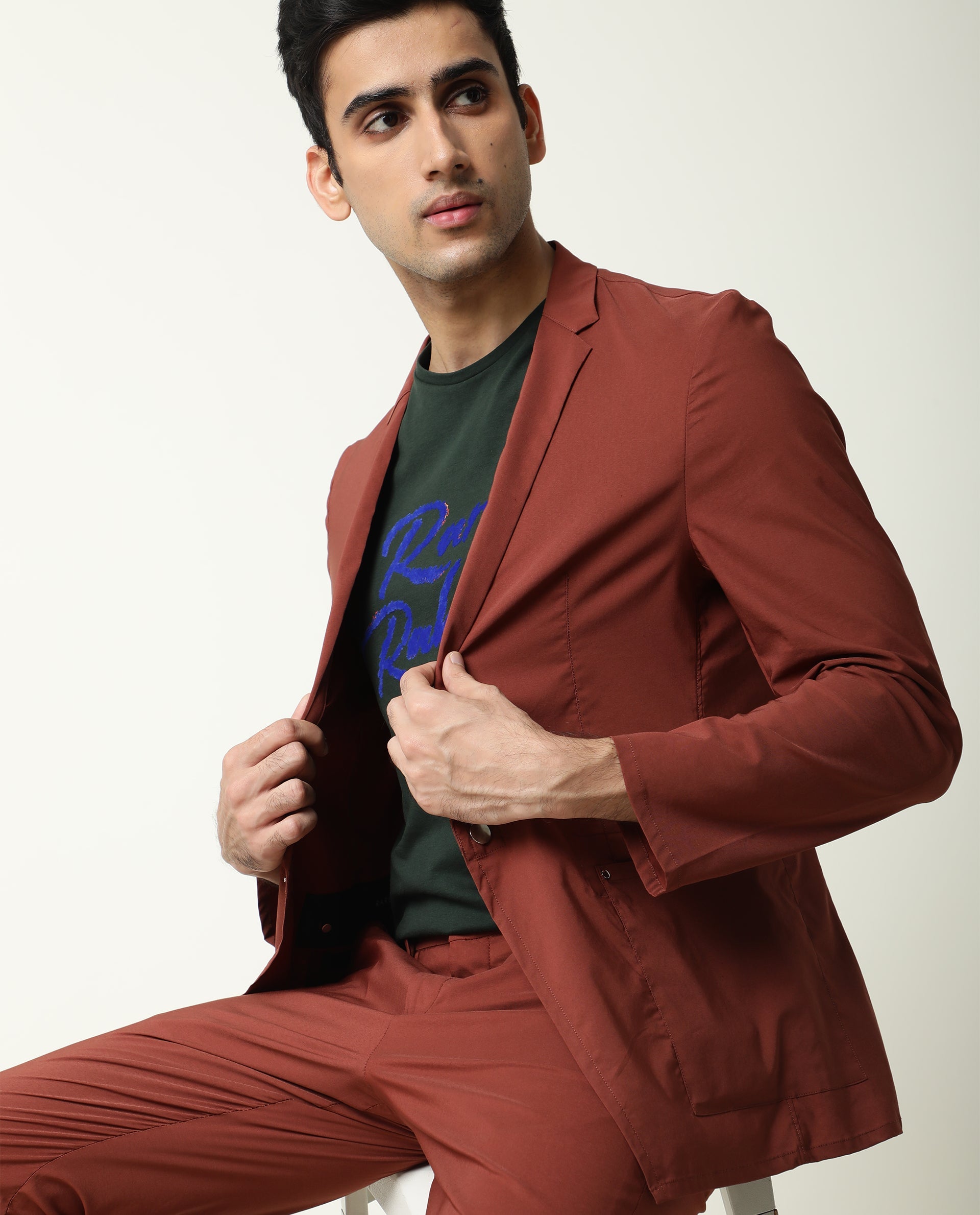 Rare Rabbit Men's Glak Dark Rust Viscose Polyester Fabric Button & Zip Closure Slim Fit Trouser