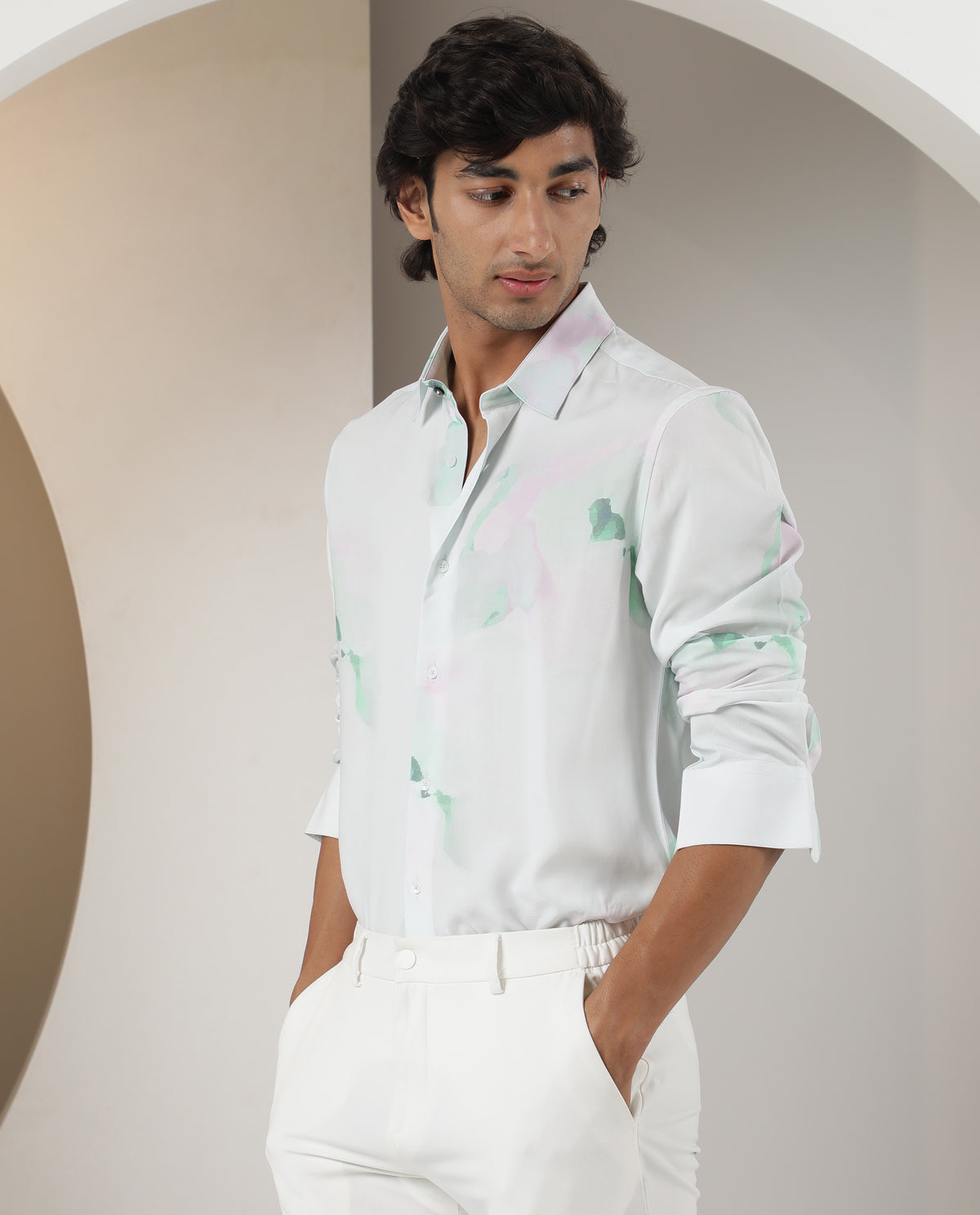 Rare Rabbit Men's Silium Pastel Green Viscose Fabric Abstract Print Full Sleeves Shirt
