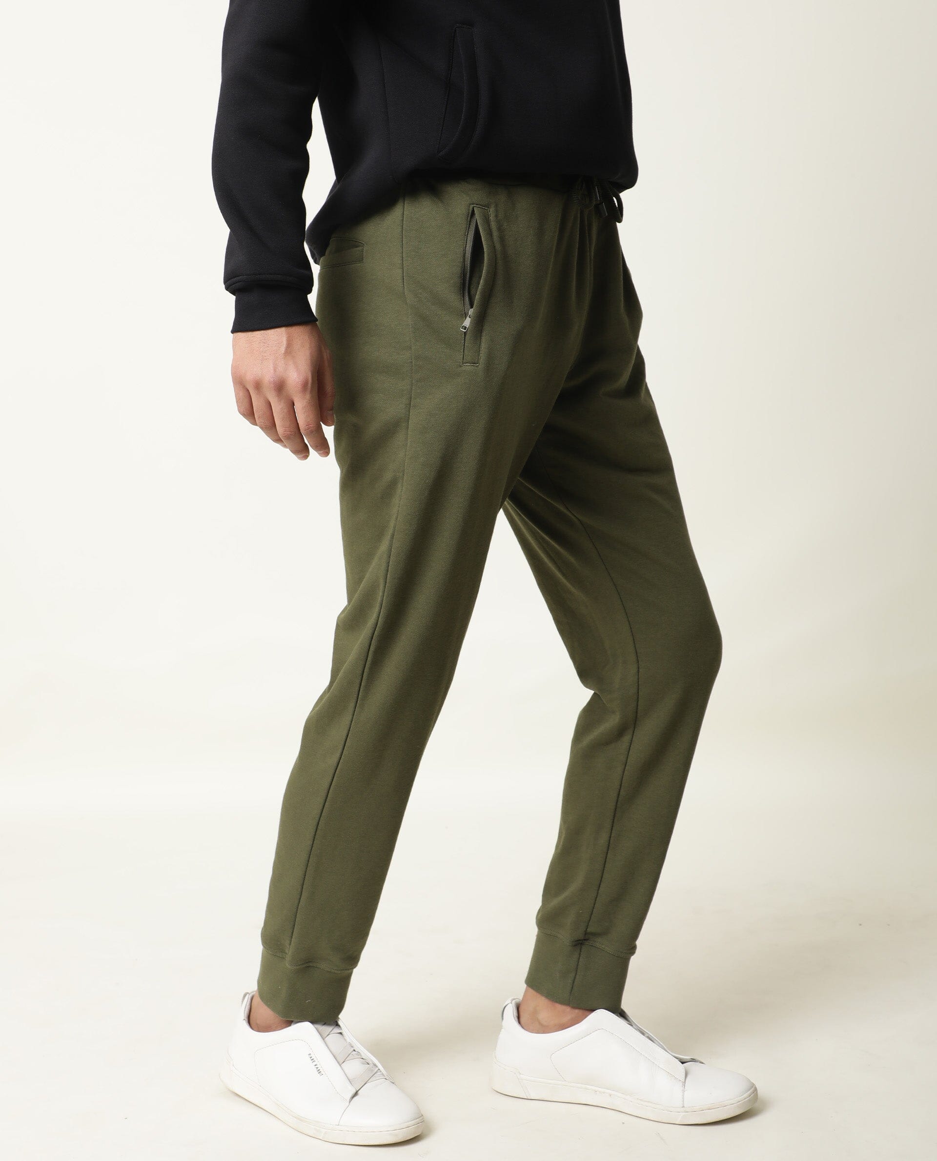 RARE RABBIT MEN'S ARTIC OLIVE TRACK PANT COTTON POLY FABRIC SLIM FIT MID RISE