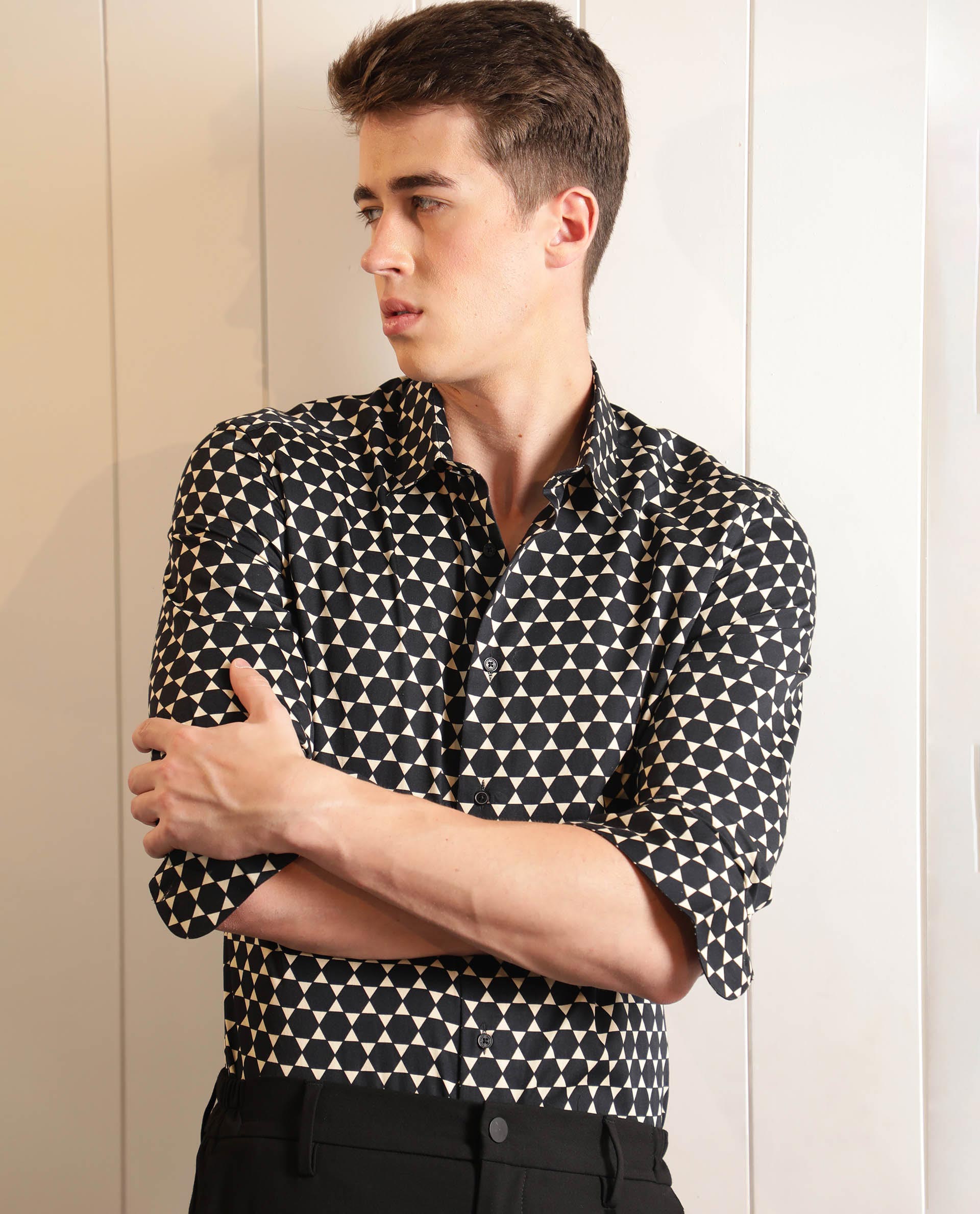 Rare Rabbit Men's Hexa Black Modal Fabric Geometric Print Full Sleeves Shirt