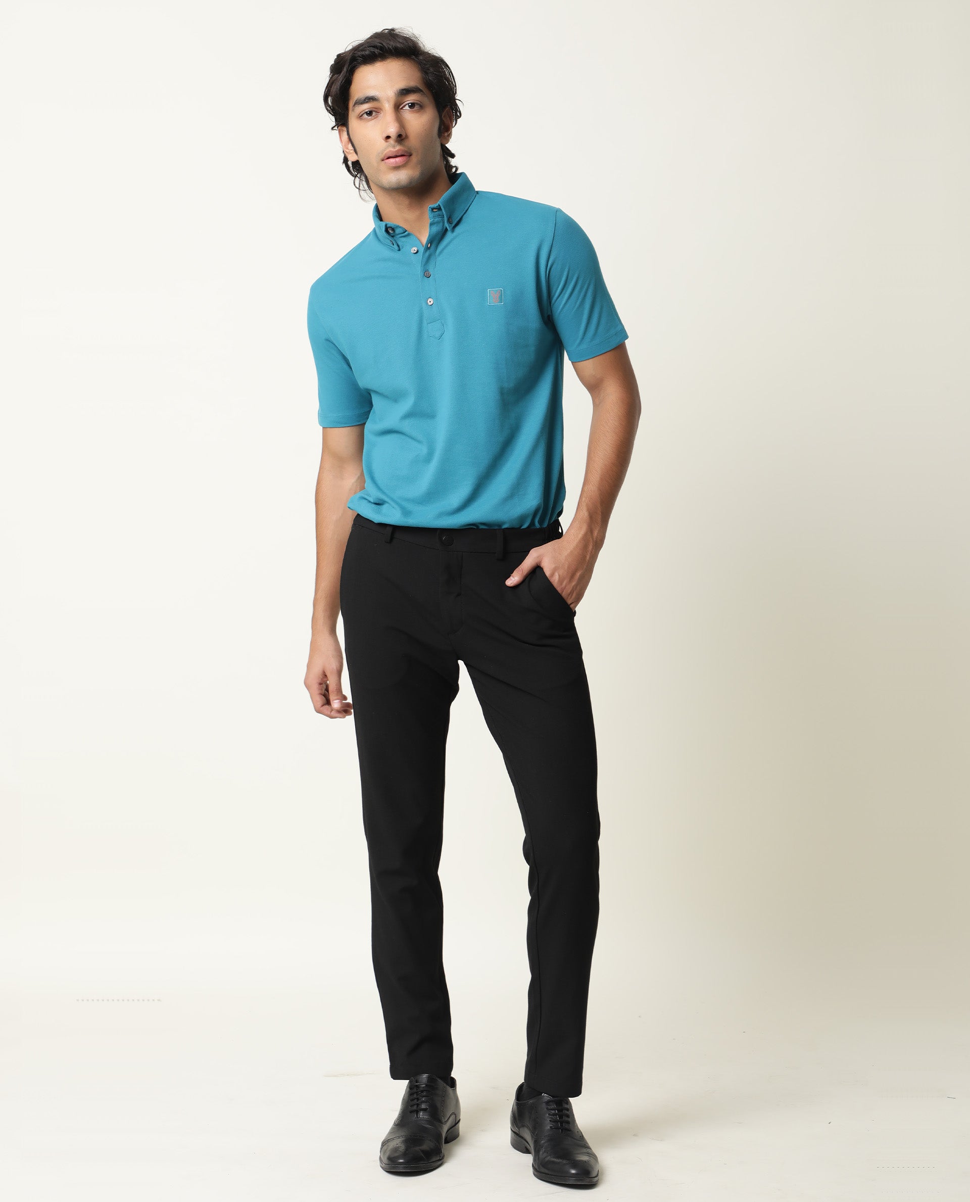 Rare Rabbit Men's Cassini-2 Blue Cotton Fabric Collared Neck Half Sleeves Polo T-Shirt