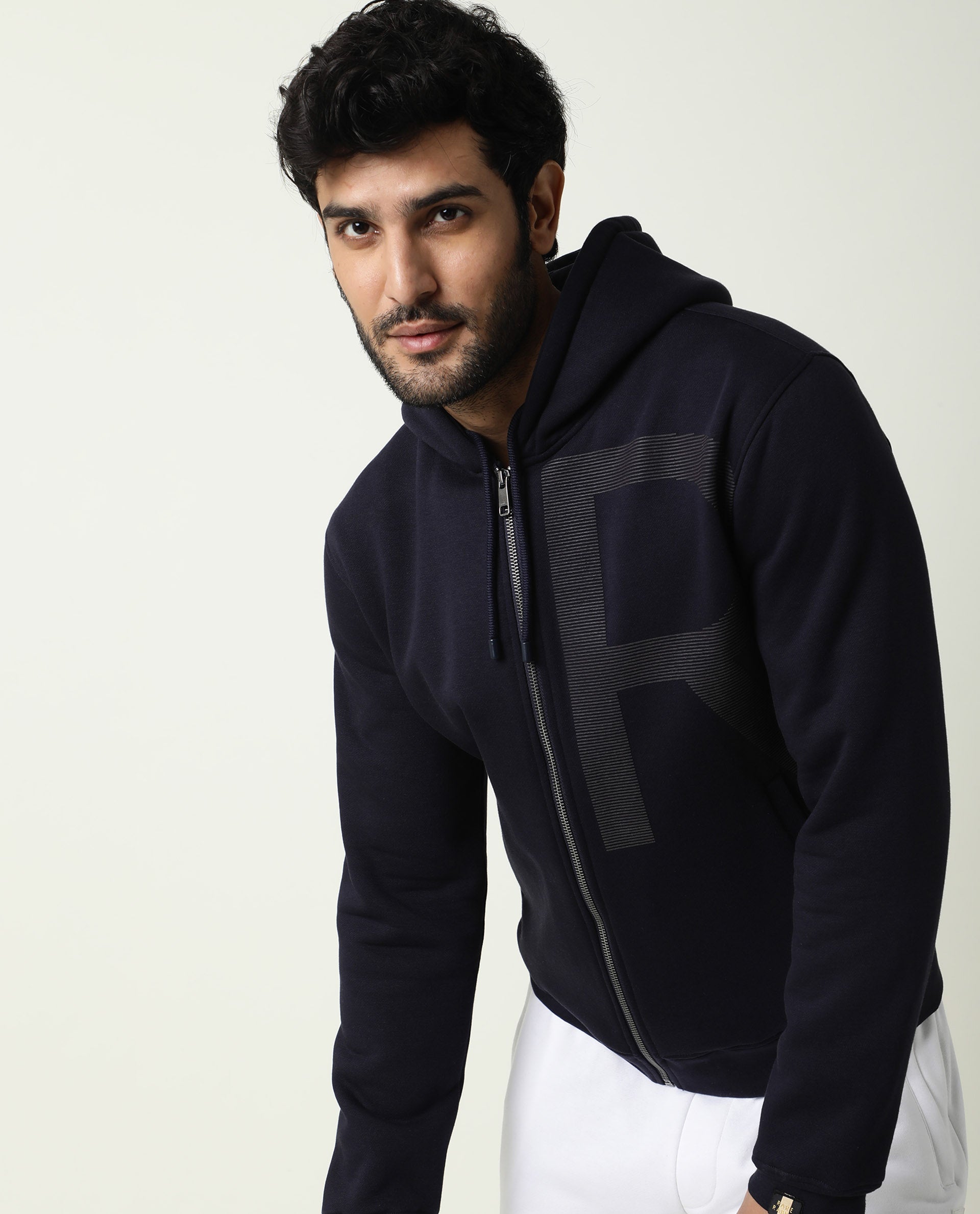 Rare Rabbit Men'S Albell Navy Sweatshirt Cotton Polyester Fabric Hooded Neck Full Sleeves Zipper Closure Slim Fit