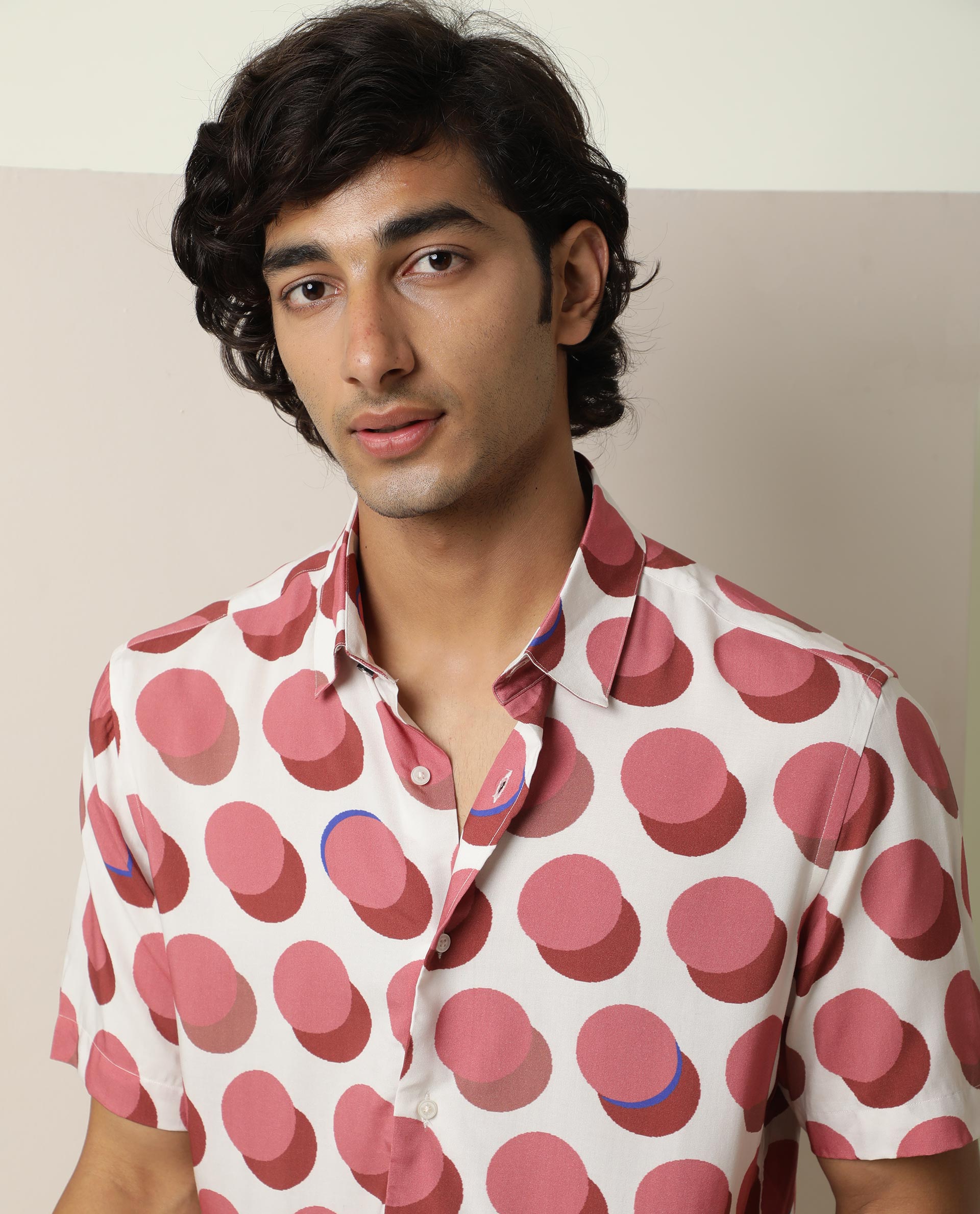 Rare Rabbit Men's Sandet Off White Viscose Fabric Geometric Print Half Sleeves Shirt