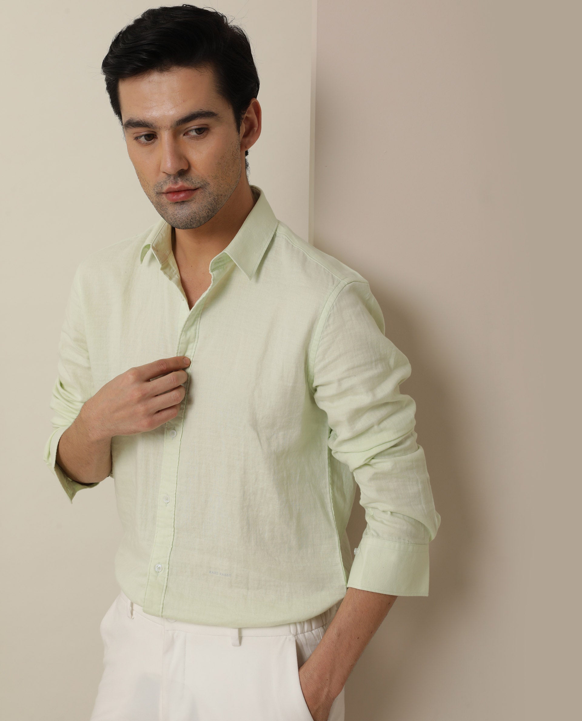 Rare Rabbit Men's Layerr Light Green Cotton Fabric Full Sleeves Solid Shirt