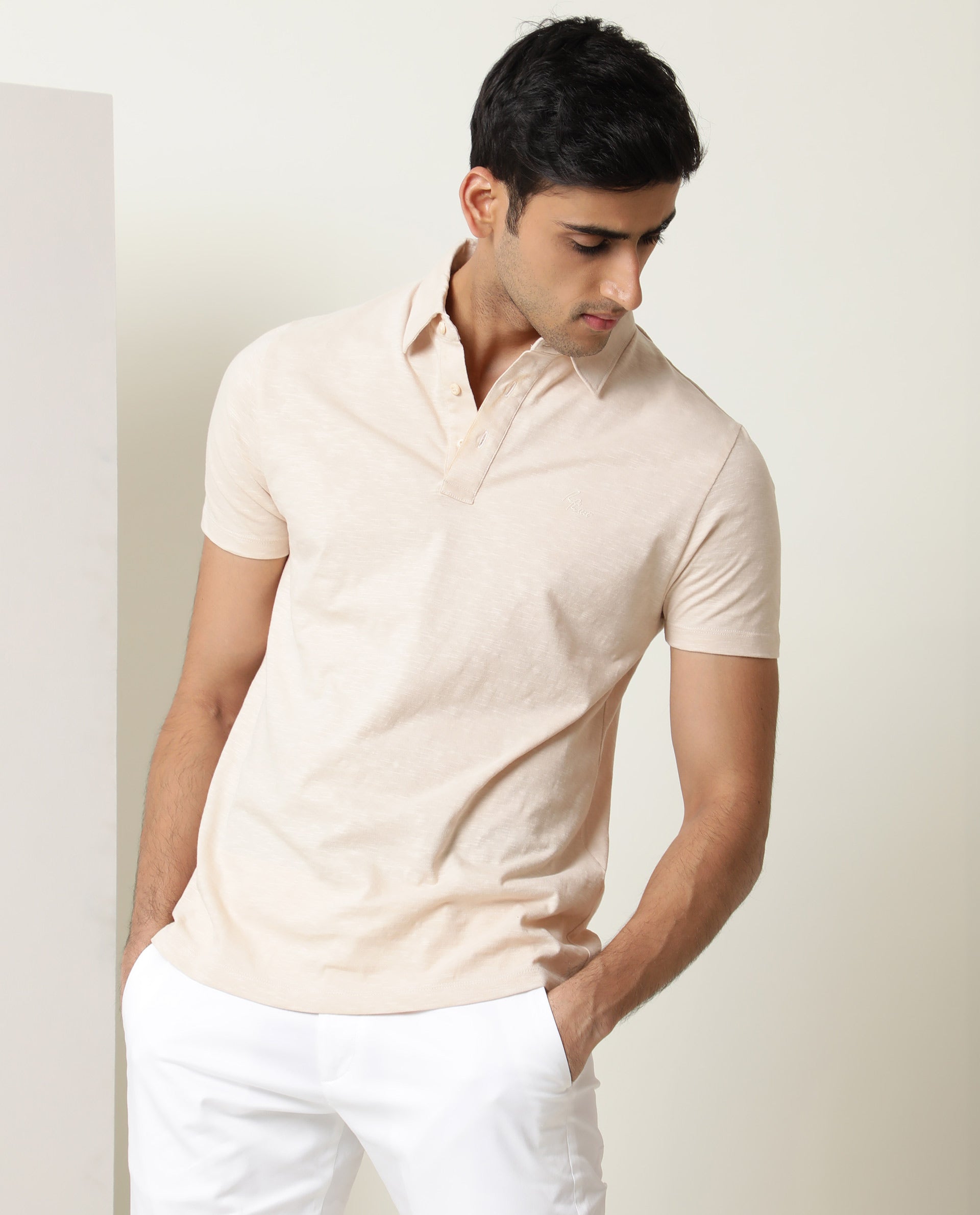Rare Rabbit Men's Trent Beige Cotton Fabric Collared Neck Half Sleeves Textured Polo T-Shirt