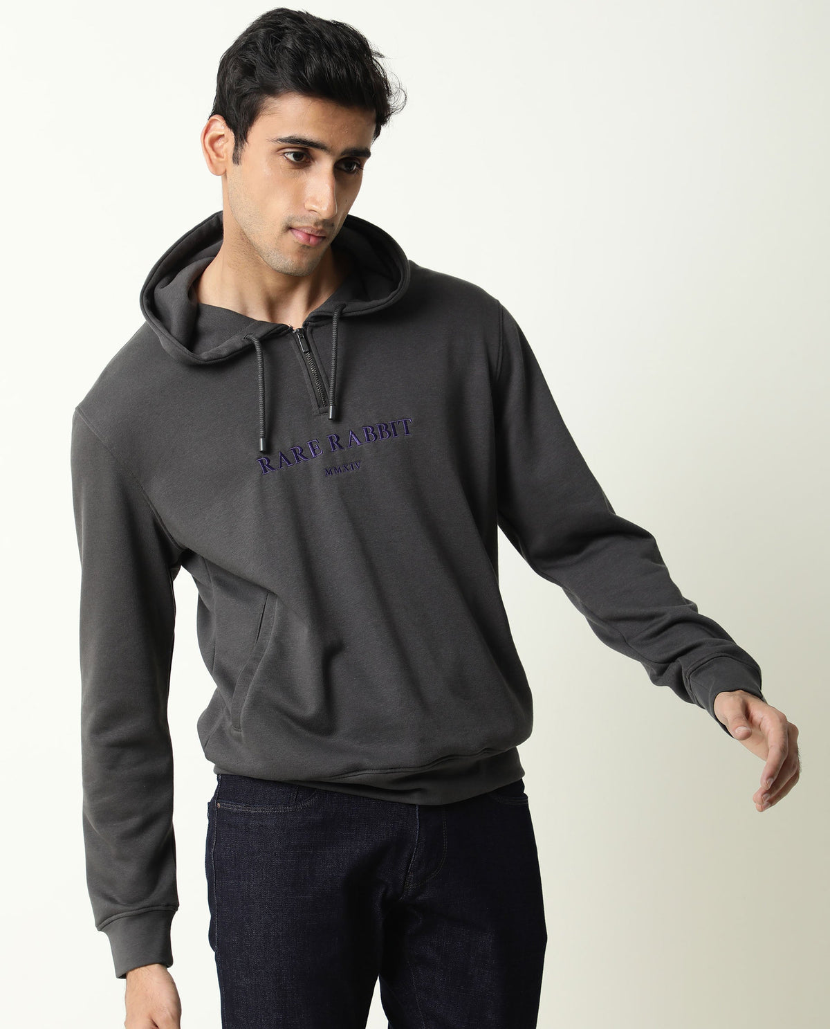Rare Rabbit Men'S Emit Grey Sweatshirt Cotton Polyester Fabric Hooded Neck Full Sleeves Zipper Closure Slim Fit