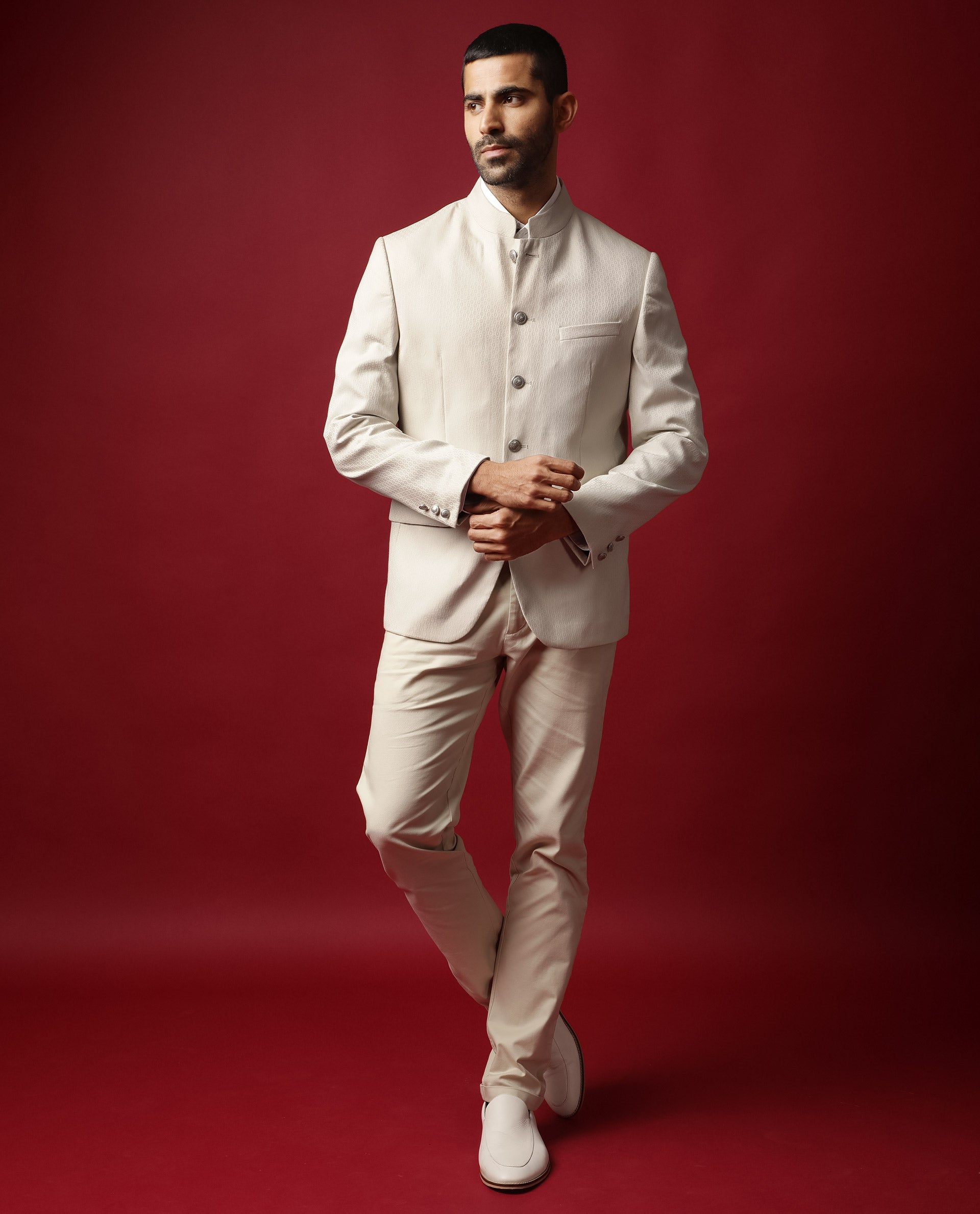 Rare Rabbit Men's Elsie Beige Mandarin Collar Tailored Fit Geometric Jacquard Bandhgala