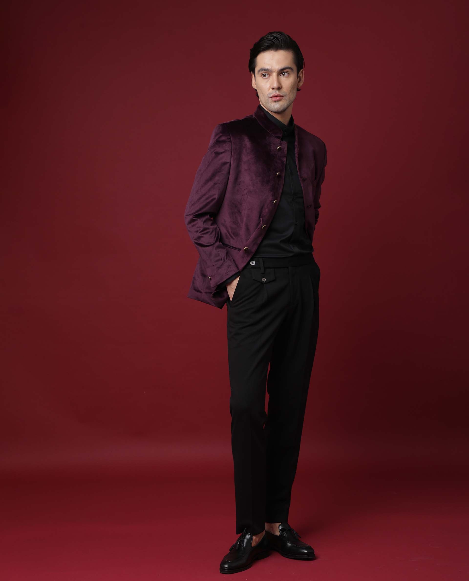 Rare Rabbit Men's Core Primary Maroon Mandarin Collar Full Sleeves Slim Fit Velvet Bandhgala