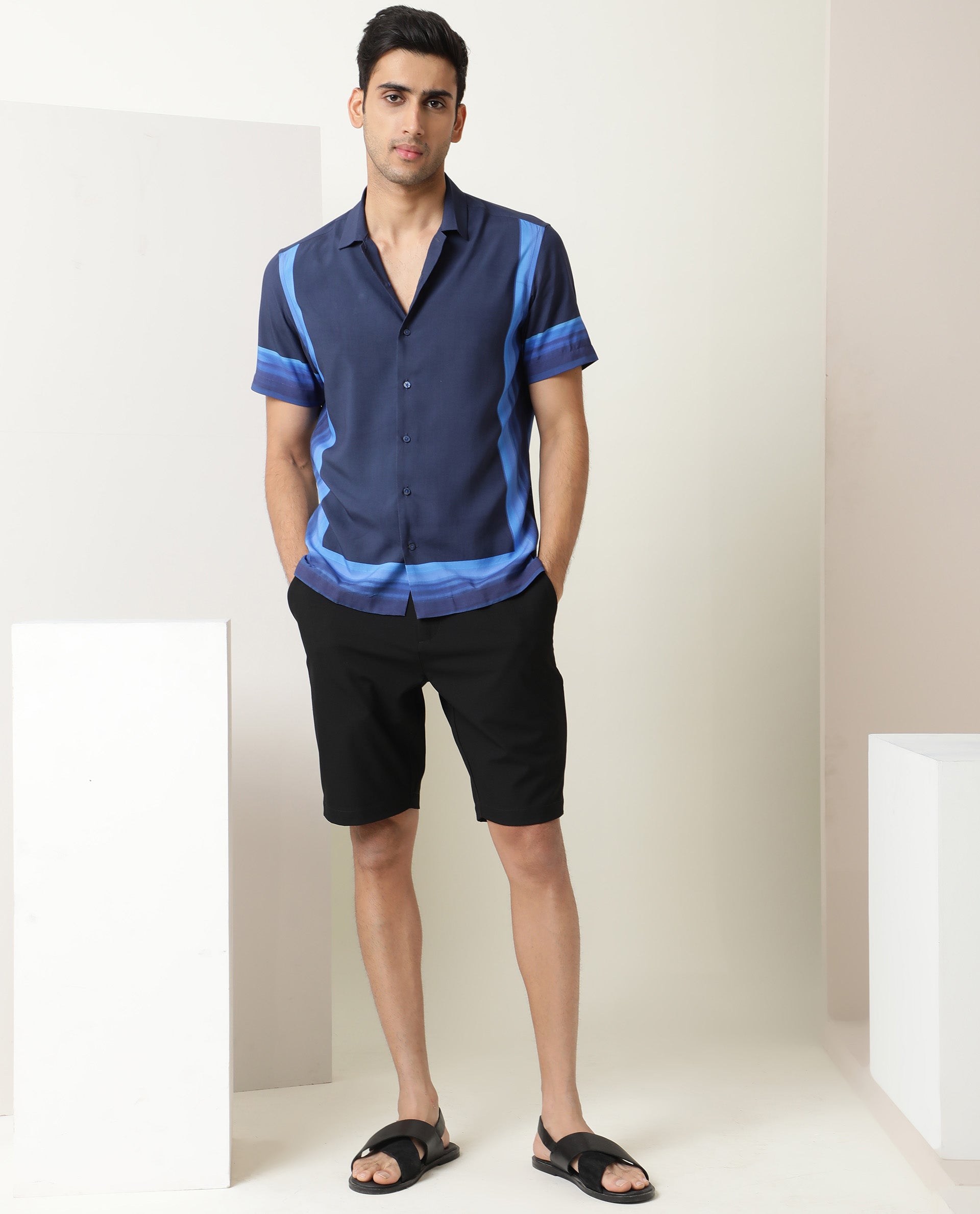 Rare Rabbit Men's Quben Navy Viscose Fabric Cuban Collar Tonal Placement Print Half Sleeves Shirt