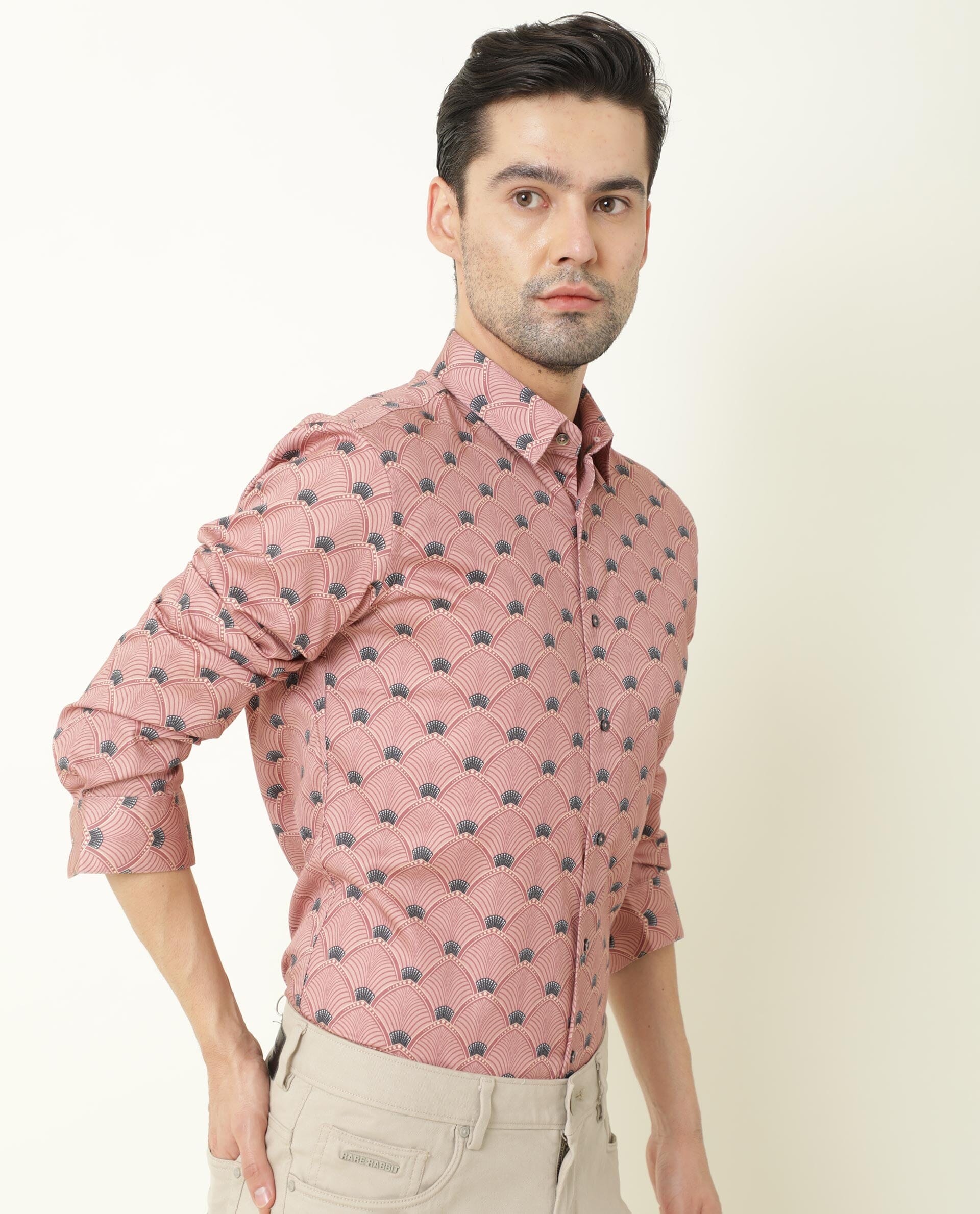 Rare Rabbit Men's Bowy Pink Cotton Fabric Geometric Print Full Sleeves Shirt