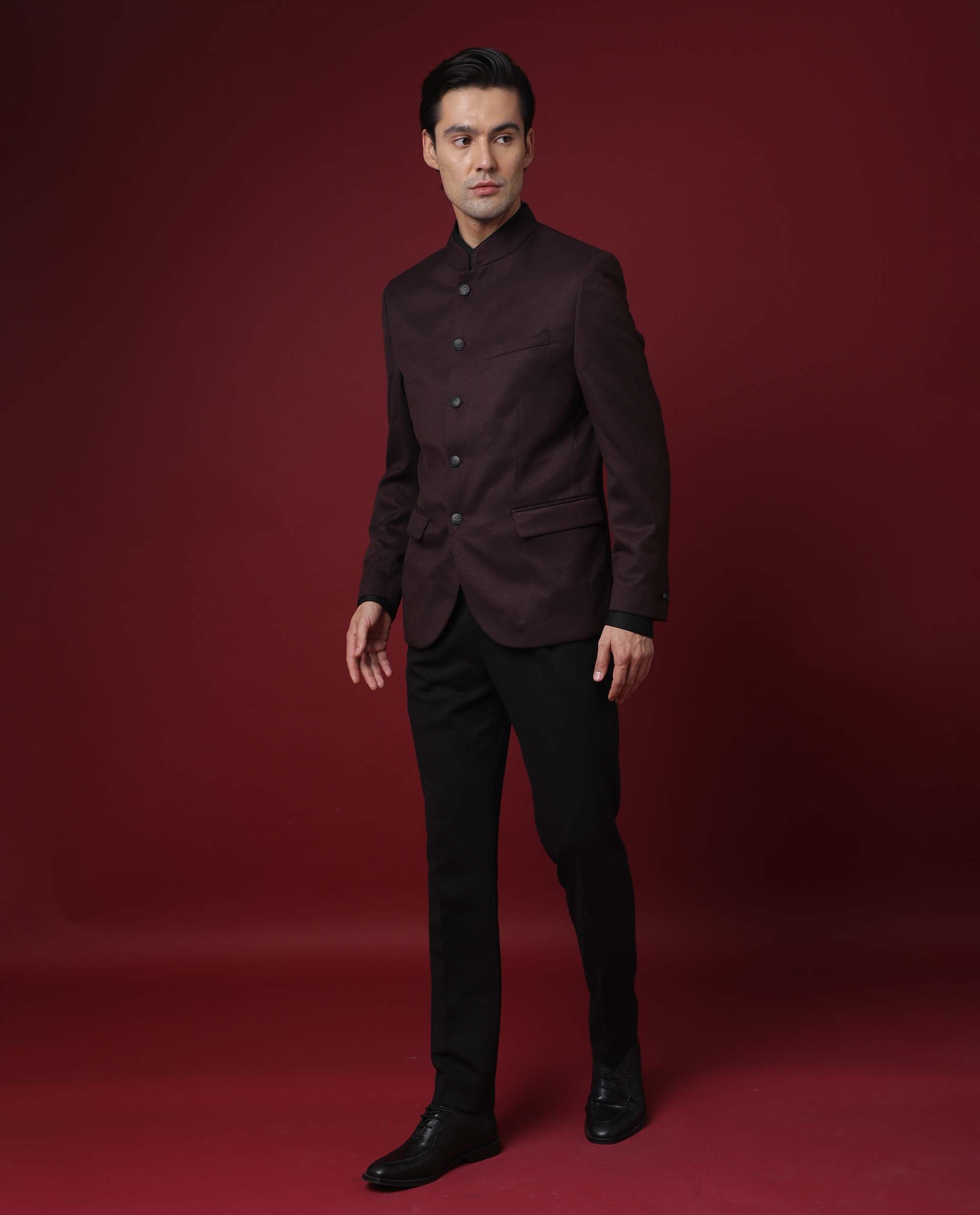 Rare Rabbit Men's Edit Band Maroon Mandarin Collar Tailored Fit Twill Textured Bandhgala