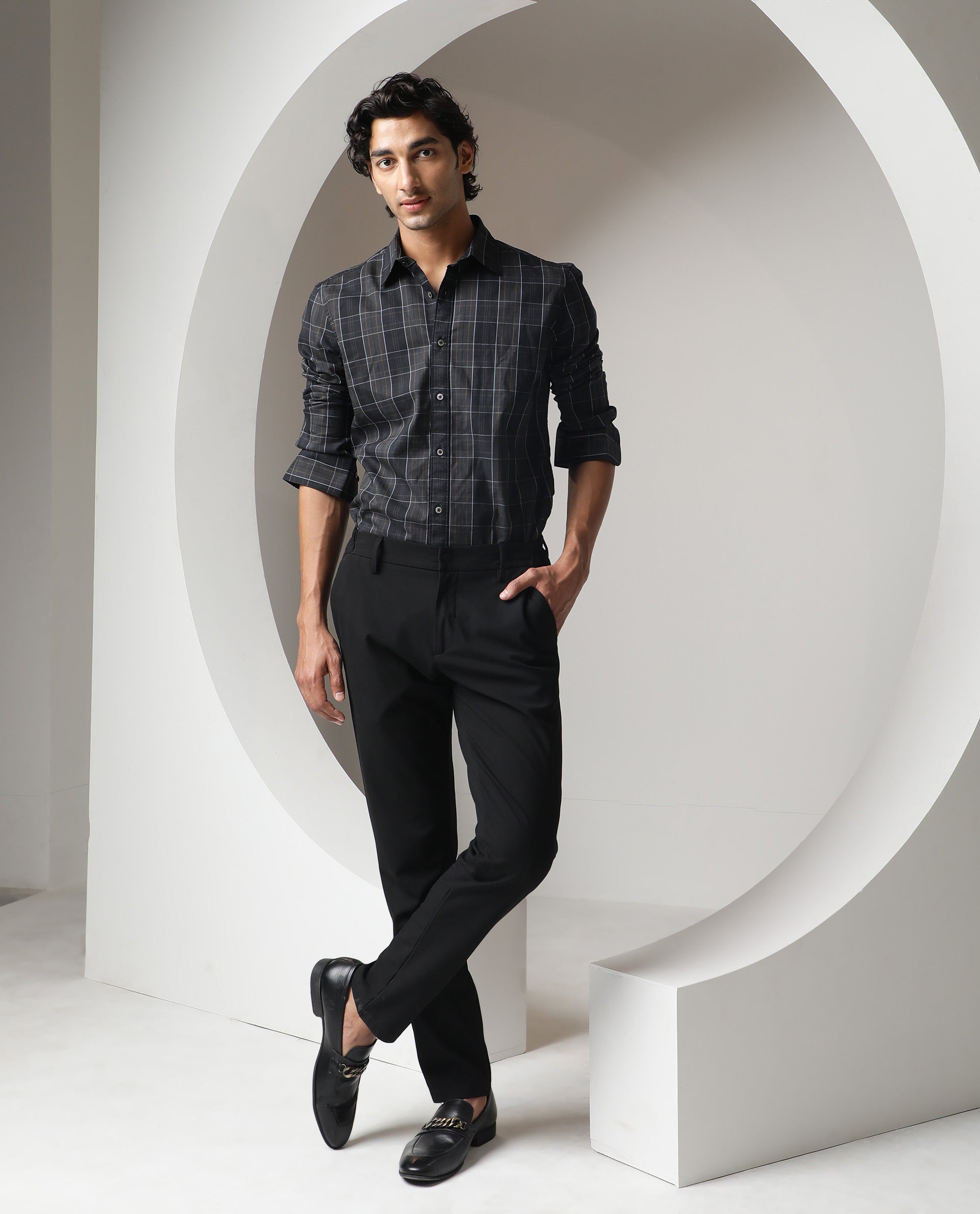 Rare Rabbit Men's Lancelot Grey Cotton Fabric Full Sleeves Checks Shirt