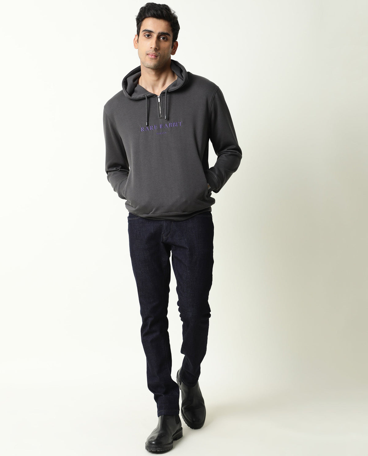 Rare Rabbit Men'S Emit Grey Sweatshirt Cotton Polyester Fabric Hooded Neck Full Sleeves Zipper Closure Slim Fit