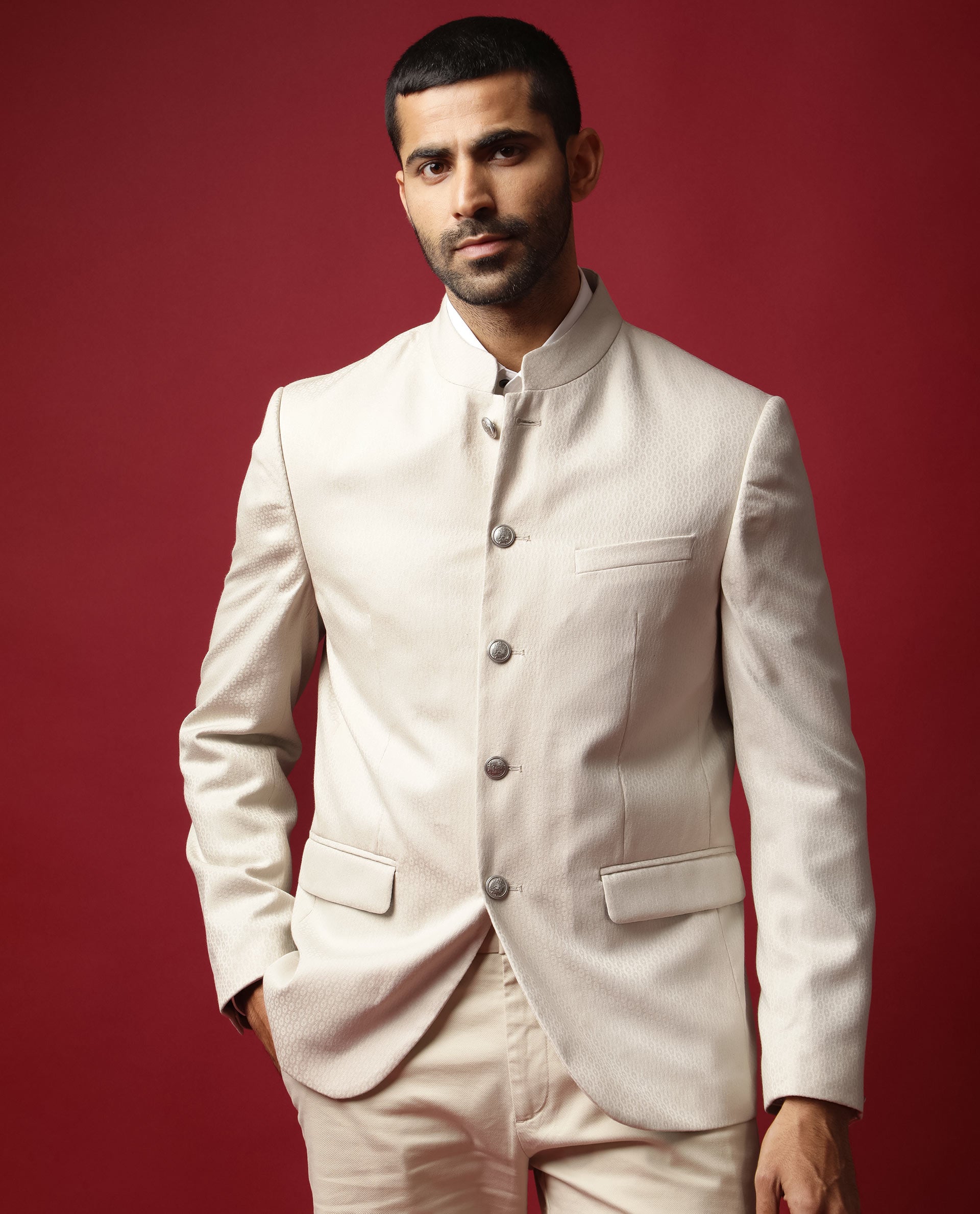 Rare Rabbit Men's Elsie Beige Mandarin Collar Tailored Fit Geometric Jacquard Bandhgala