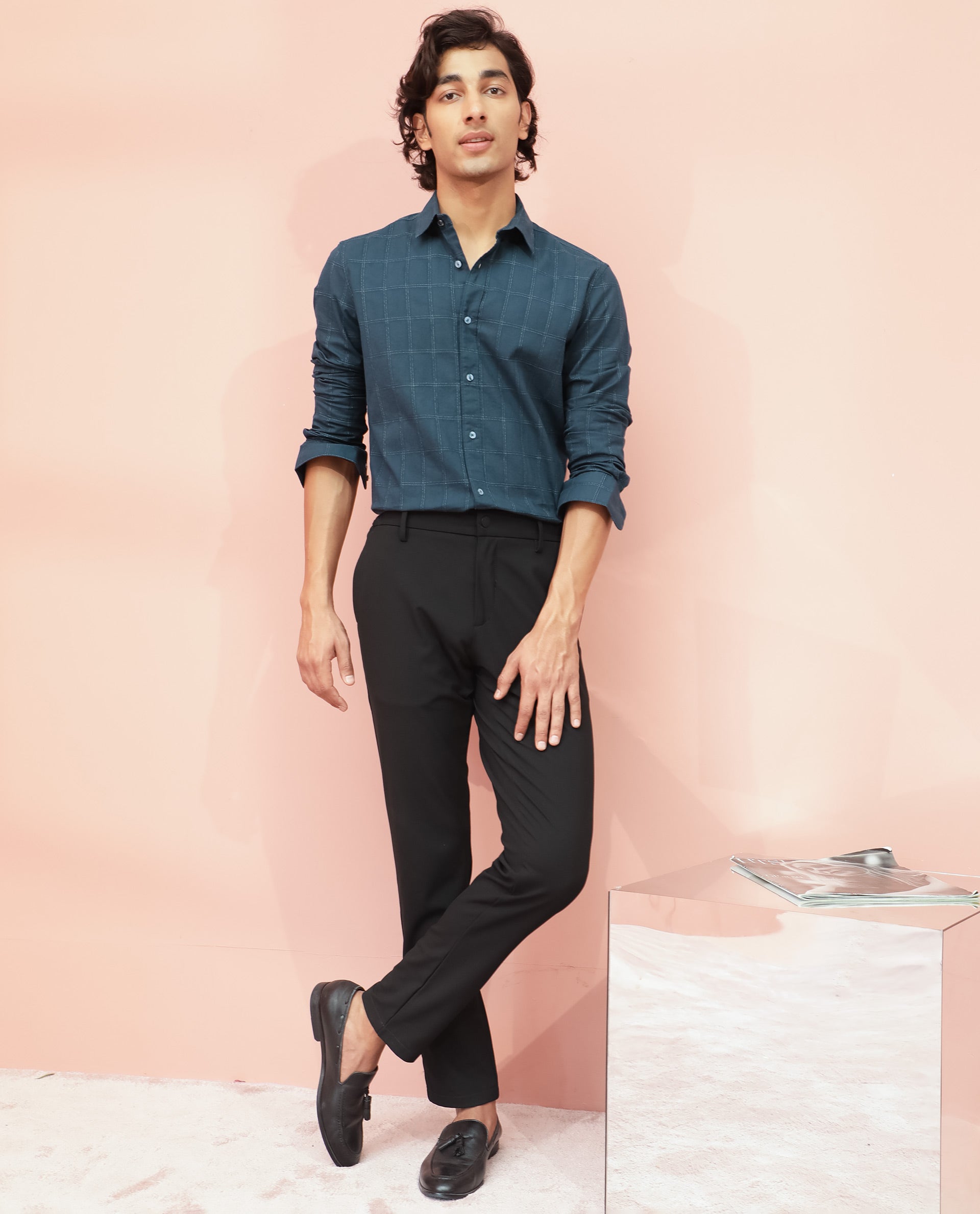 Rare Rabbit Men's Hecker Petrol Cotton Fabric Full Sleeves Dobby Checks Shirt