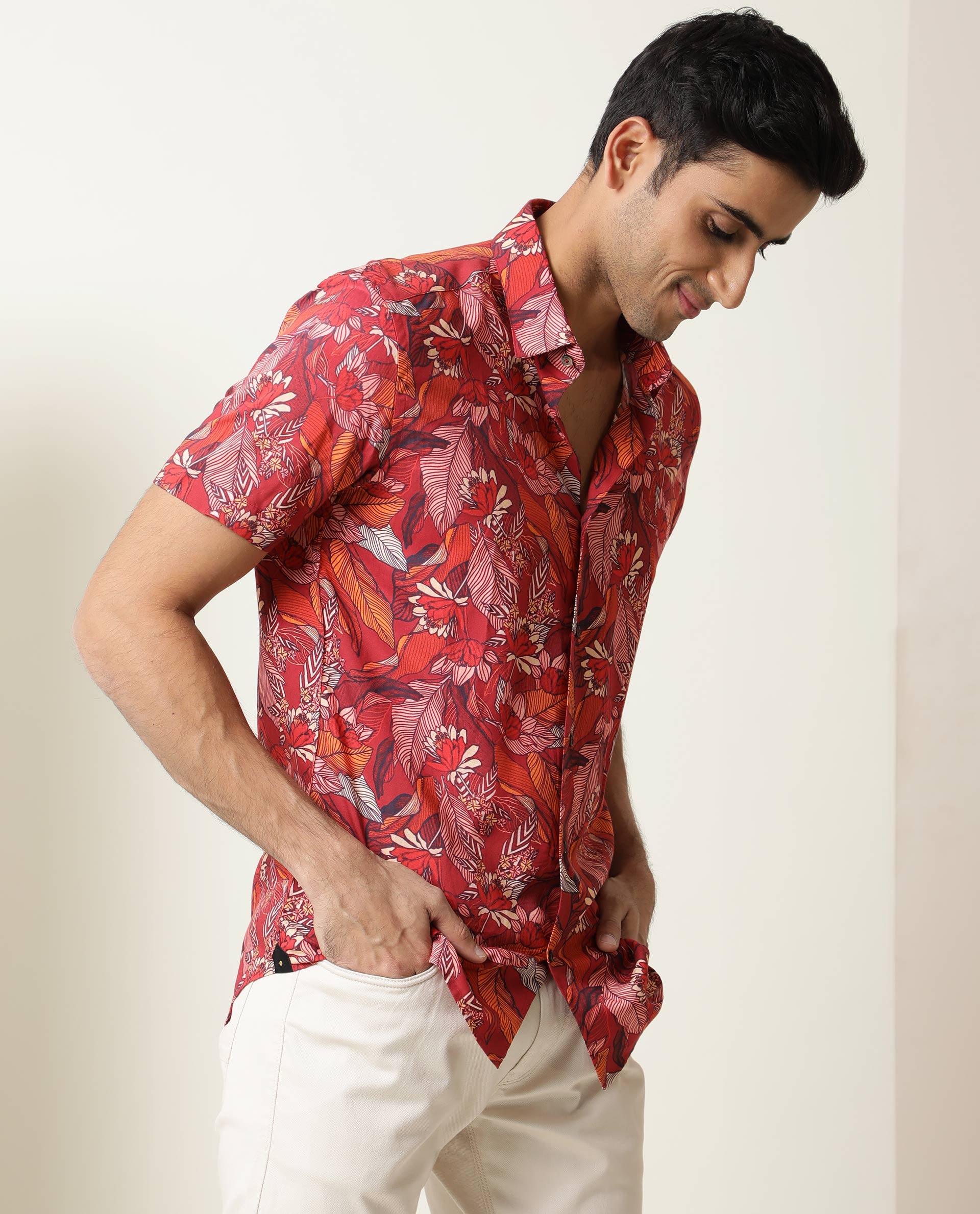 Rare Rabbit Men's Sinn Dark Red Viscose Fabric Floral Print Half Sleeves Shirt