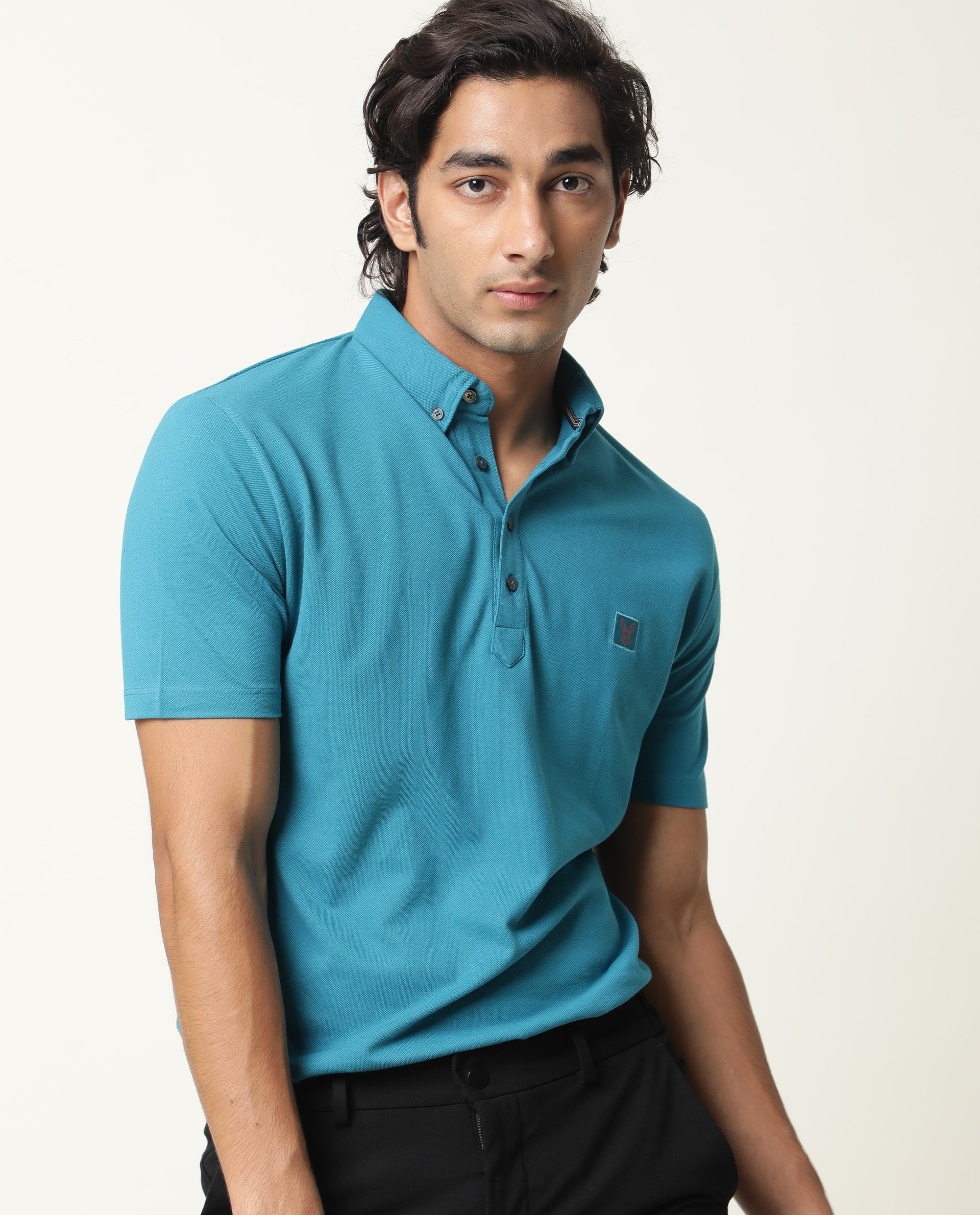 Rare Rabbit Men's Cassini-2 Blue Cotton Fabric Collared Neck Half Sleeves Polo T-Shirt