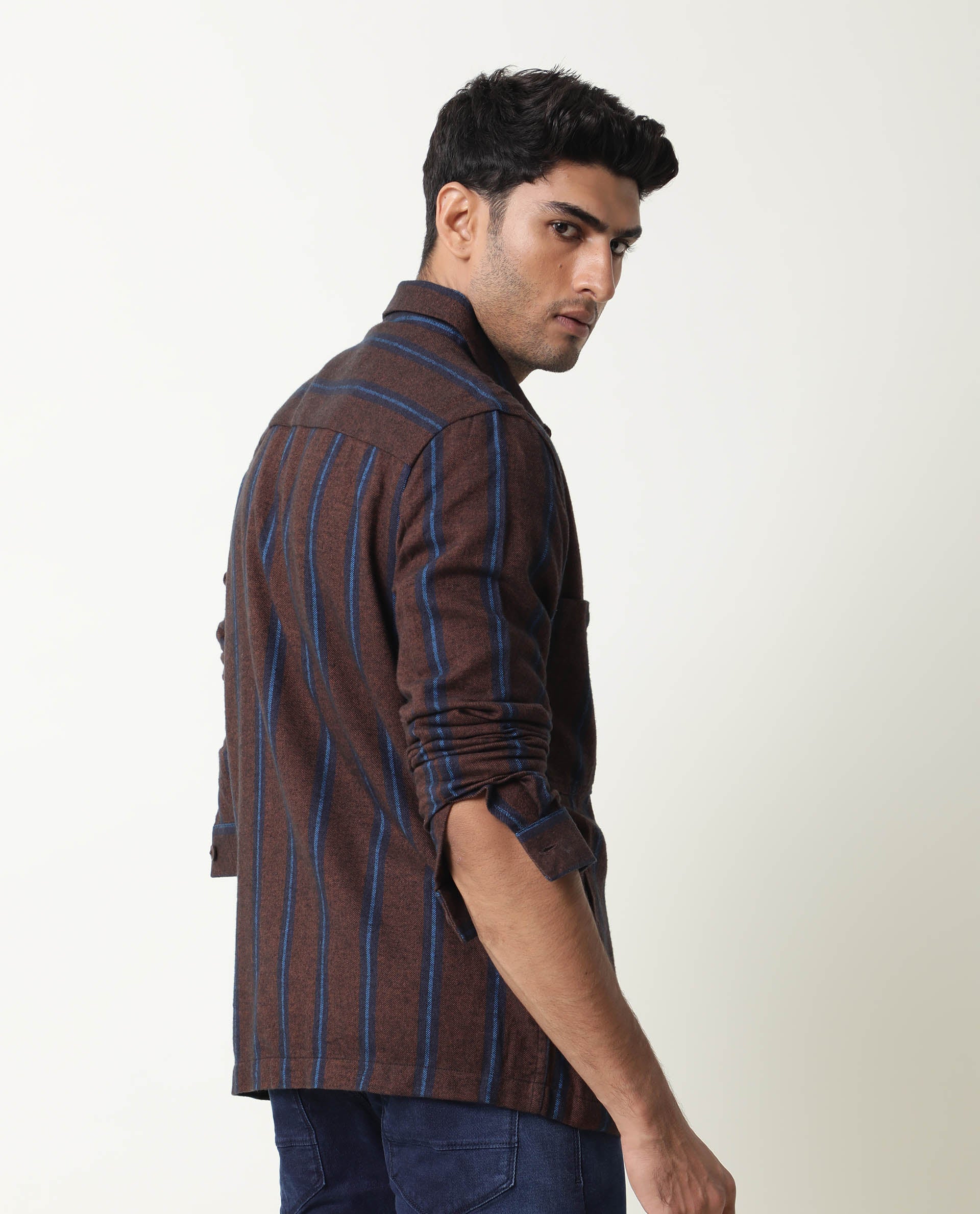 Rare Rabbit Men's Storm Primary Mustard Yarn Dyed Striped Drop Collar Jacket