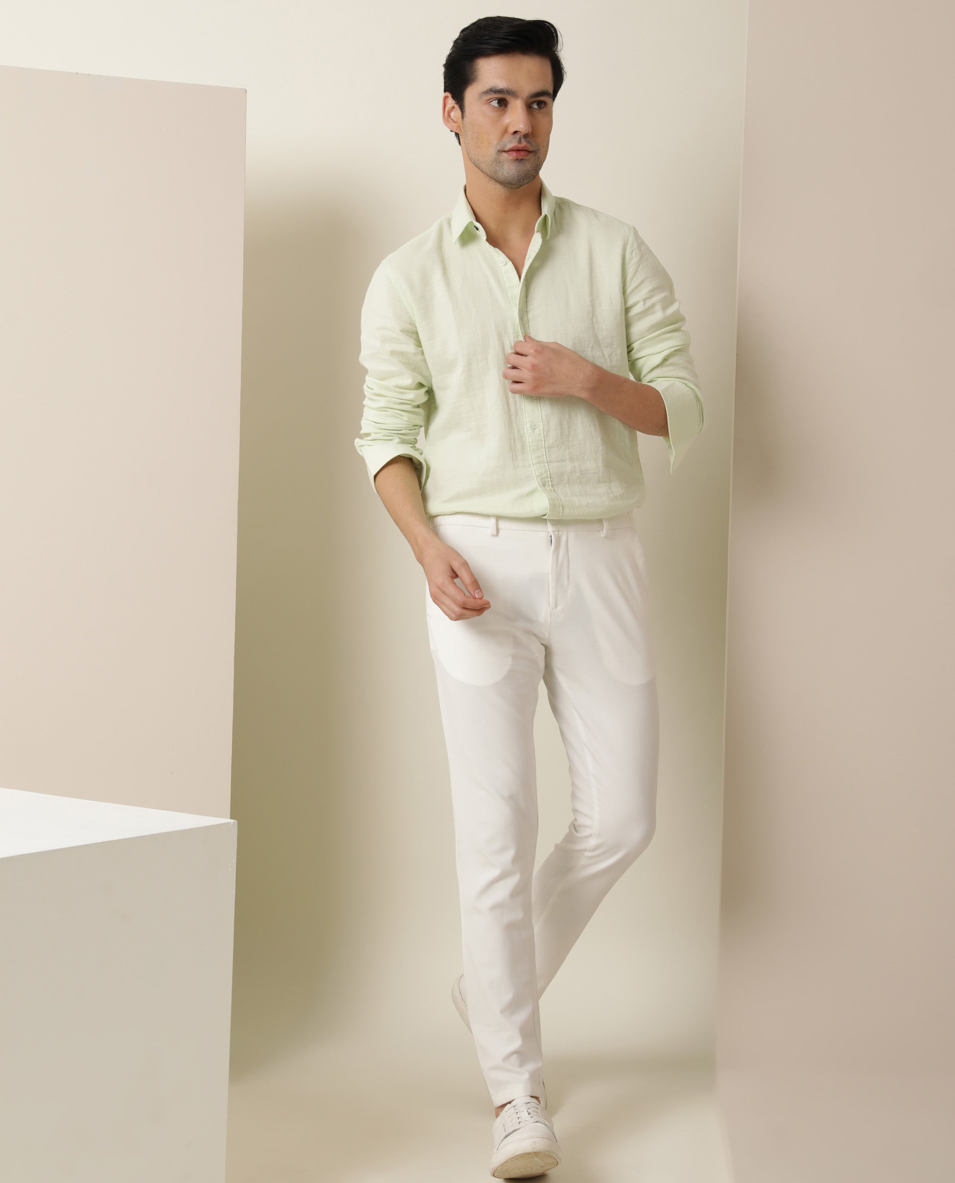 Rare Rabbit Men's Layerr Light Green Cotton Fabric Full Sleeves Solid Shirt