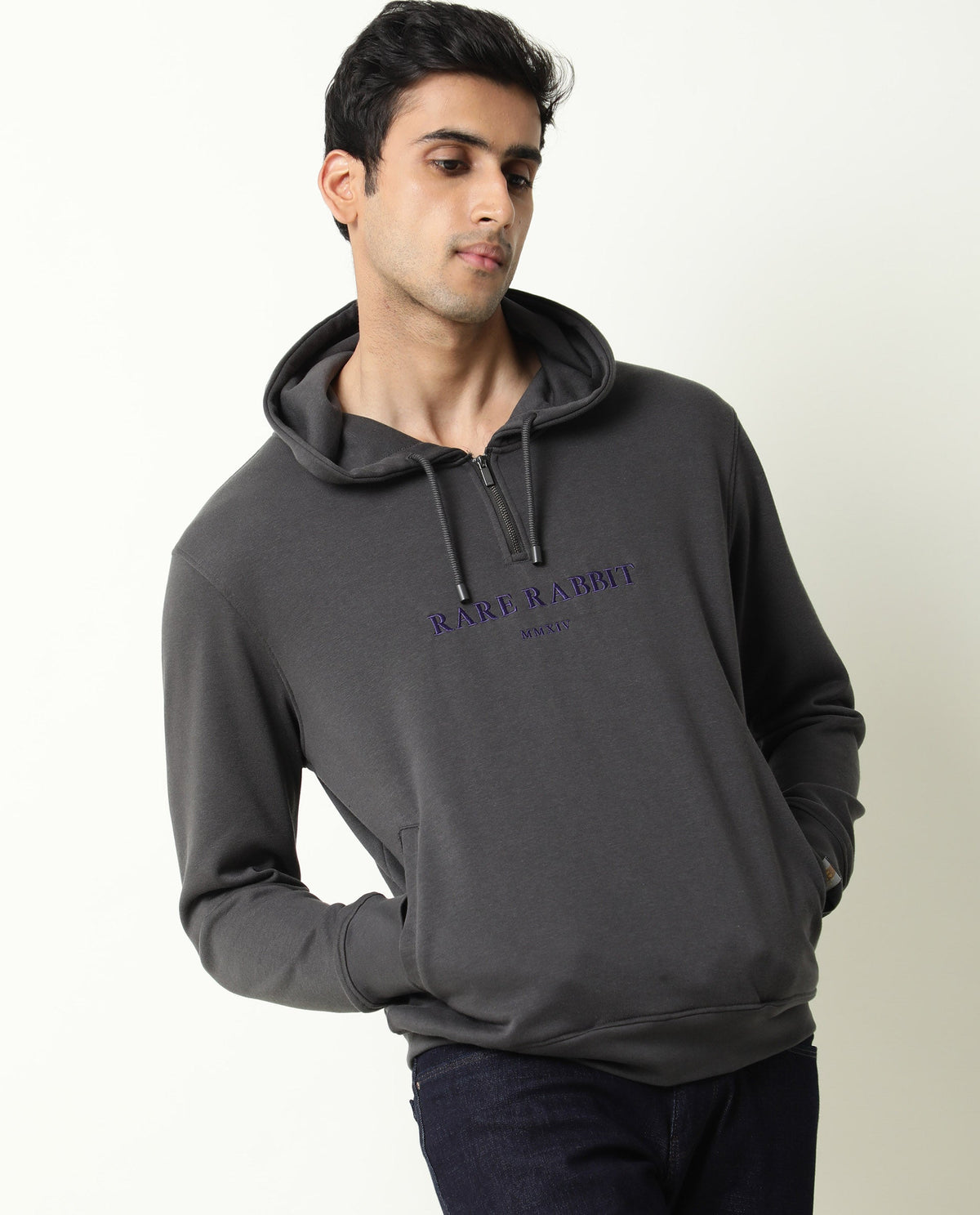 Rare Rabbit Men'S Emit Grey Sweatshirt Cotton Polyester Fabric Hooded Neck Full Sleeves Zipper Closure Slim Fit