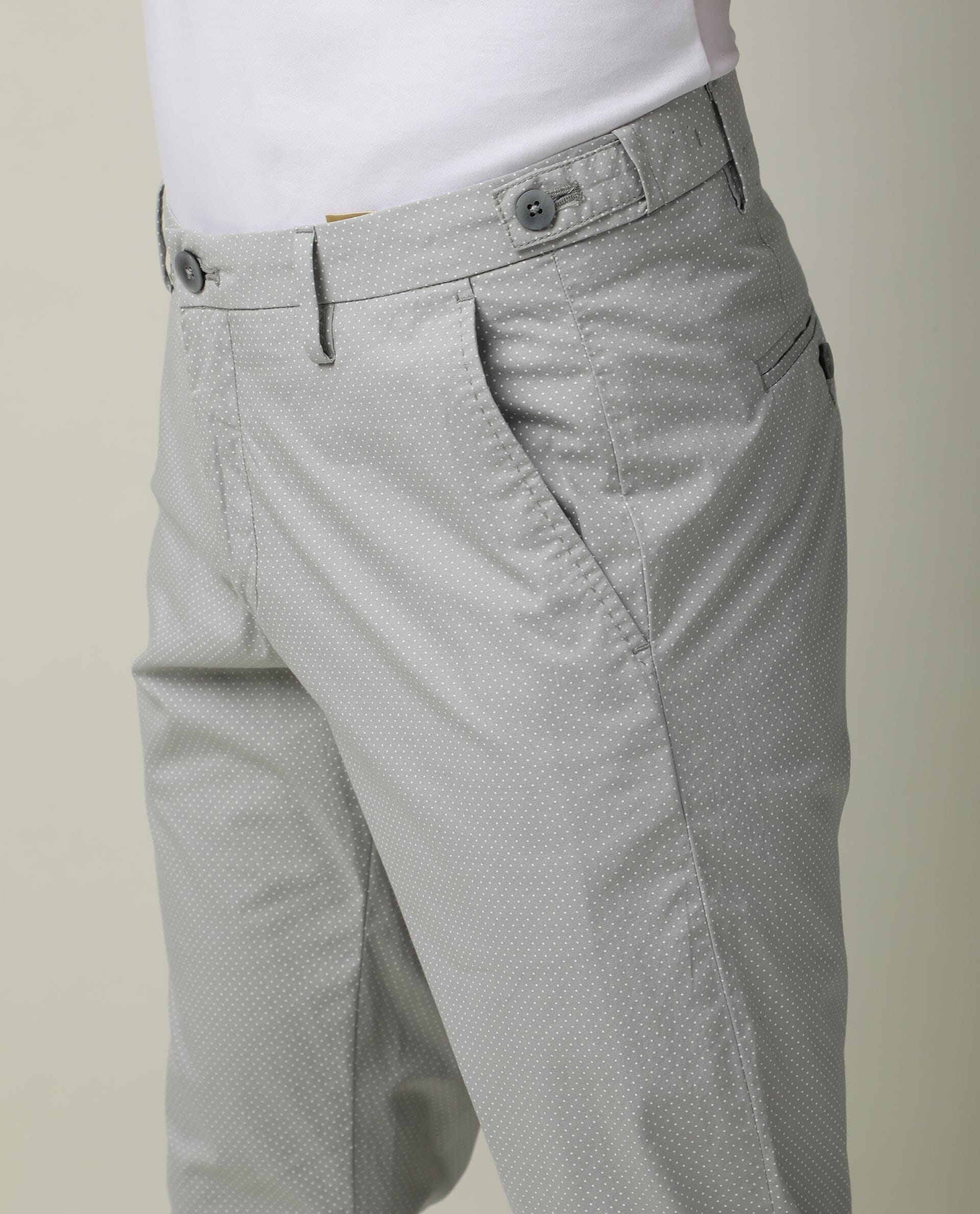 Rare Rabbit Men's Maxims Grey Mid-Rise Slim Fit Polka Dot Trousers