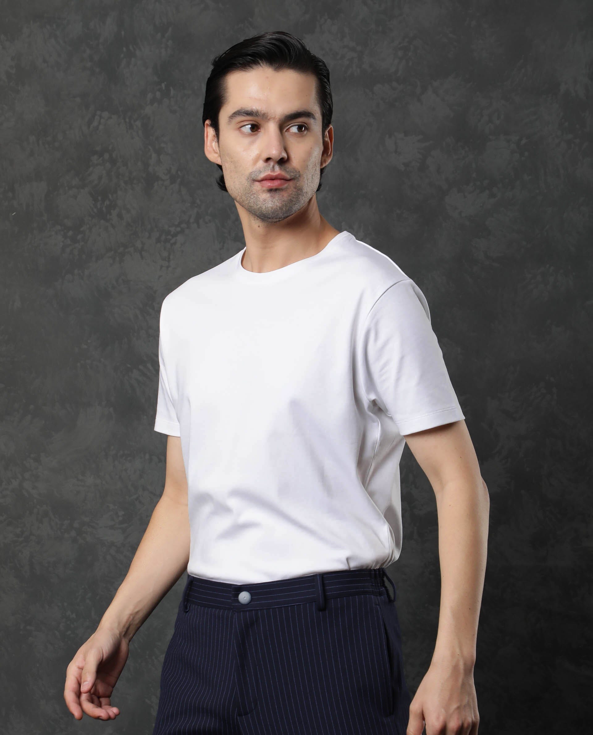 Rare Rabbit Men's Gis White Cotton Fabric Crew Neck Half Sleeves Regular Fit Solid T-Shirt