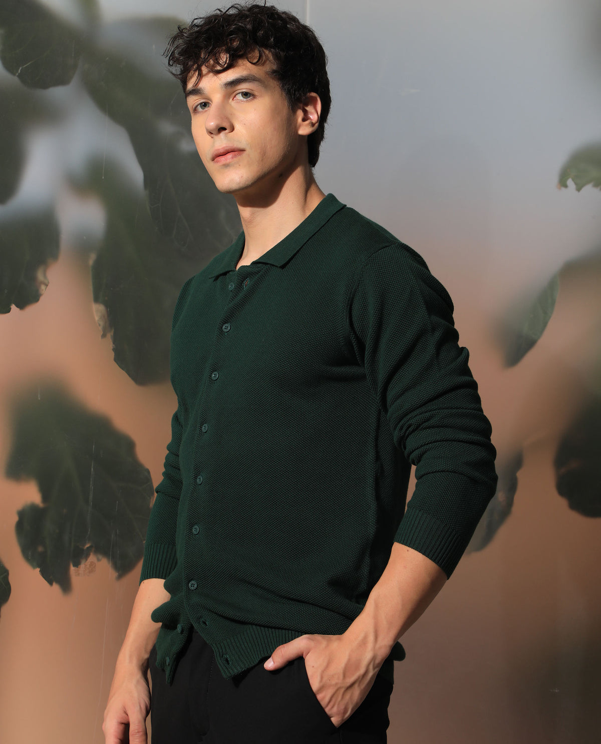 RARE RABBIT MEN'S ALIAS DARK GREEN SHIRT COTTON FABRIC COLLARED NECK FULL SLEEVES