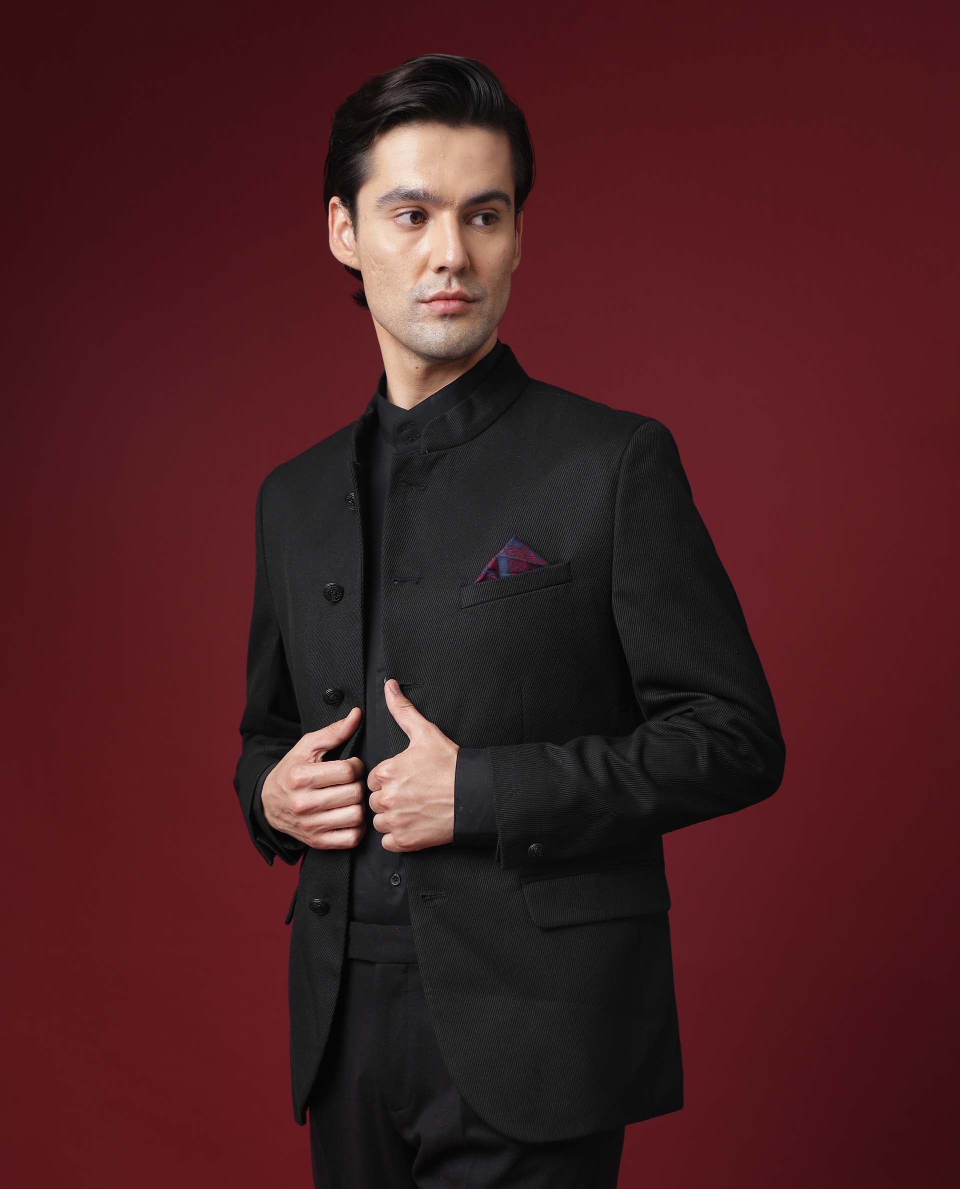 Rare Rabbit Men's Edit Band Black Mandarin Collar Tailored Fit Twill Textured Bandhgala