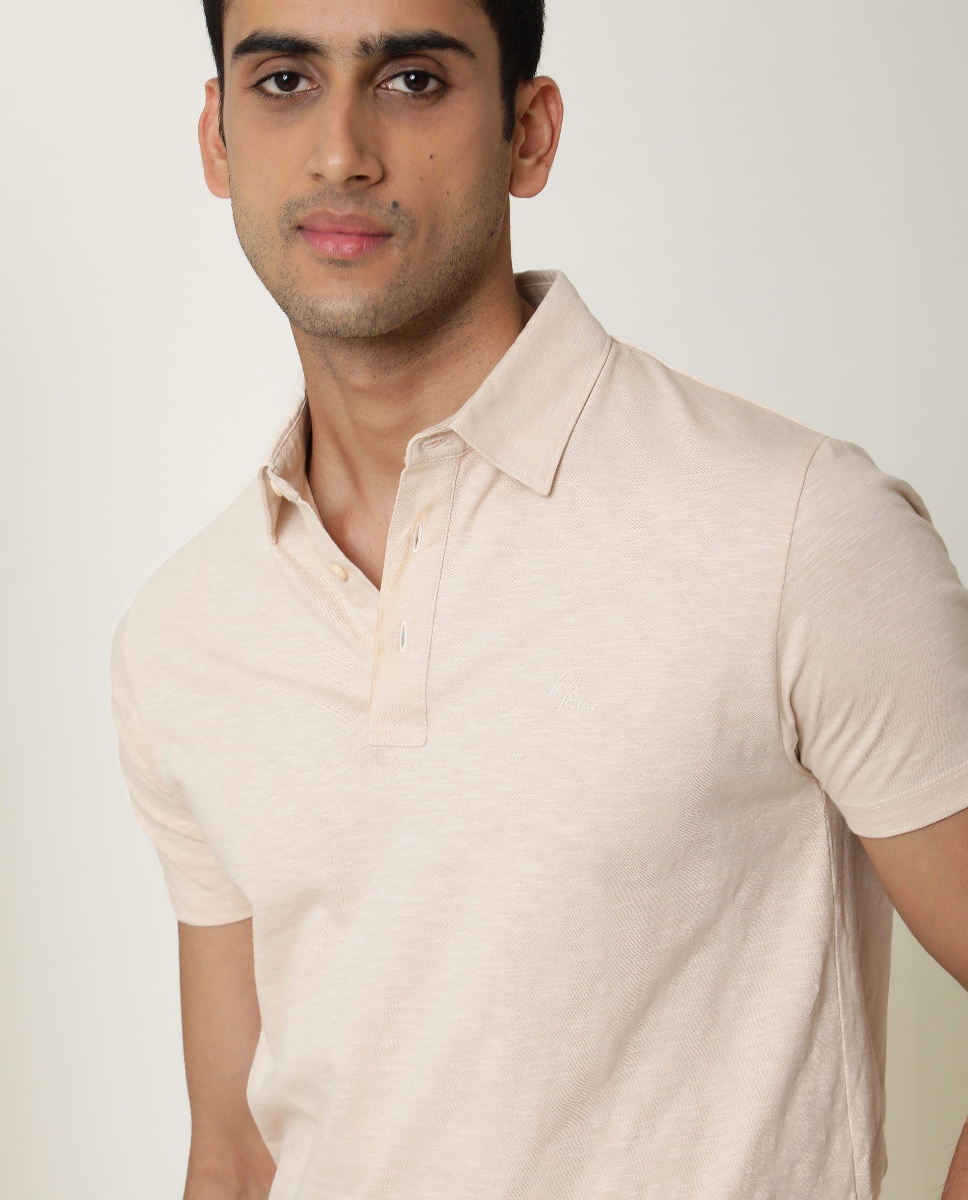 Rare Rabbit Men's Trent Beige Cotton Fabric Collared Neck Half Sleeves Textured Polo T-Shirt