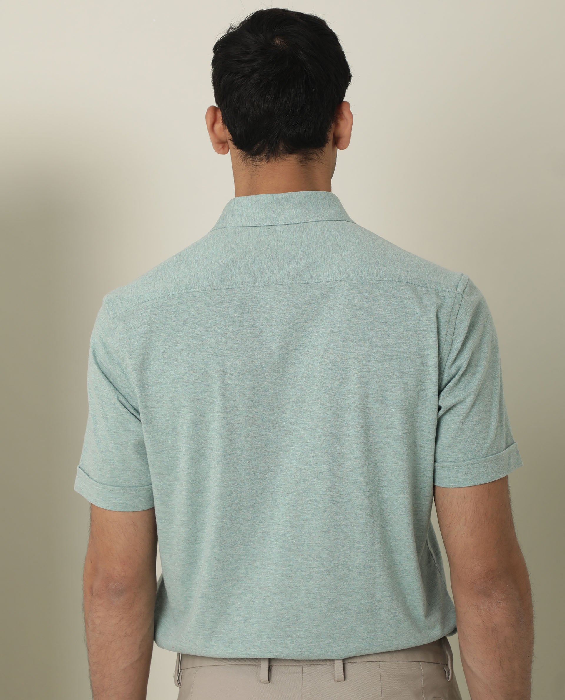 Rare Rabbit Men's Miraj Pastel Green Cotton Fabric Half Sleeves Knitted Shirt