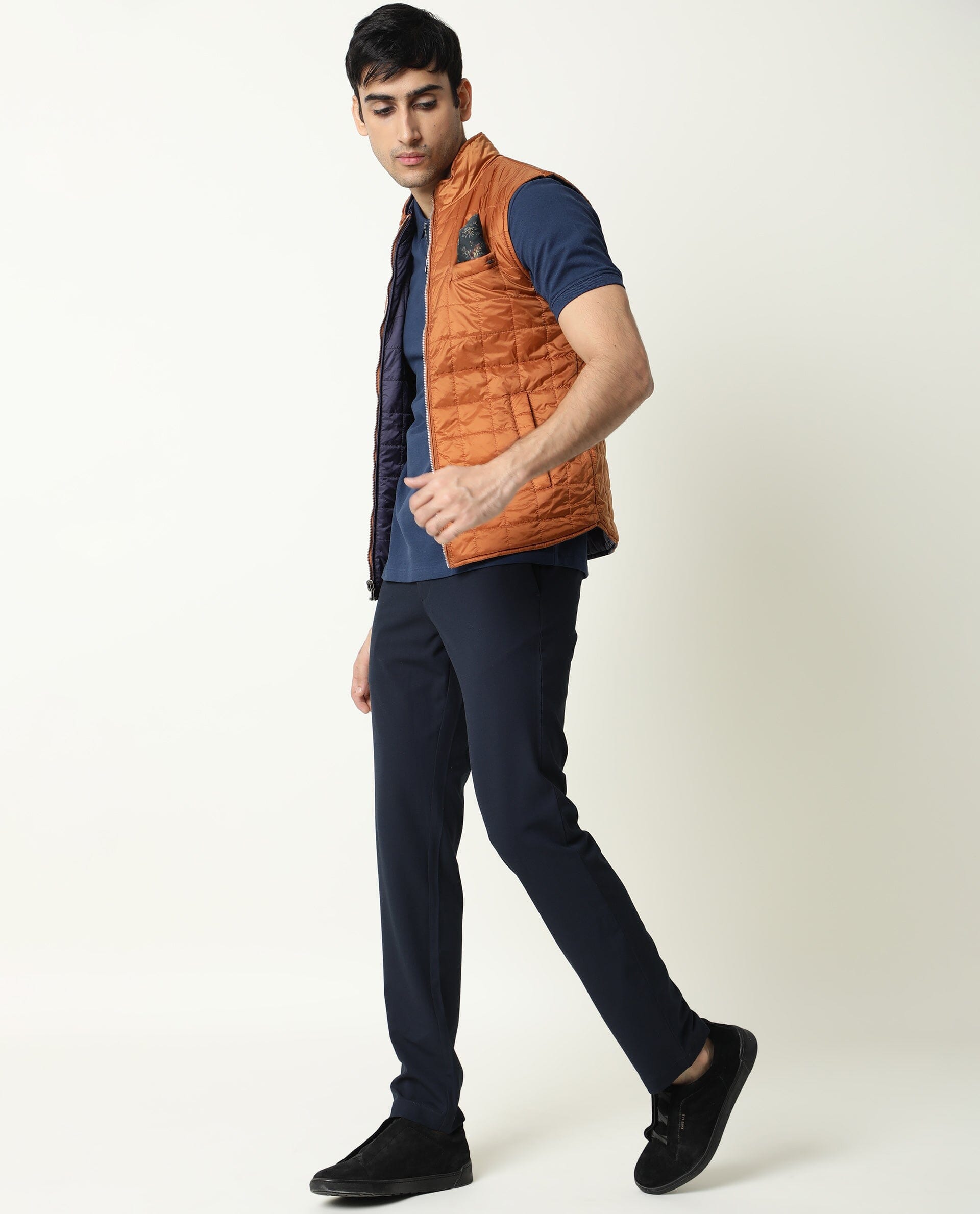 Rare Rabbit Men's Fillex Dark Blue Solid Reversible Quilted Sleeveless Puffer Jacket