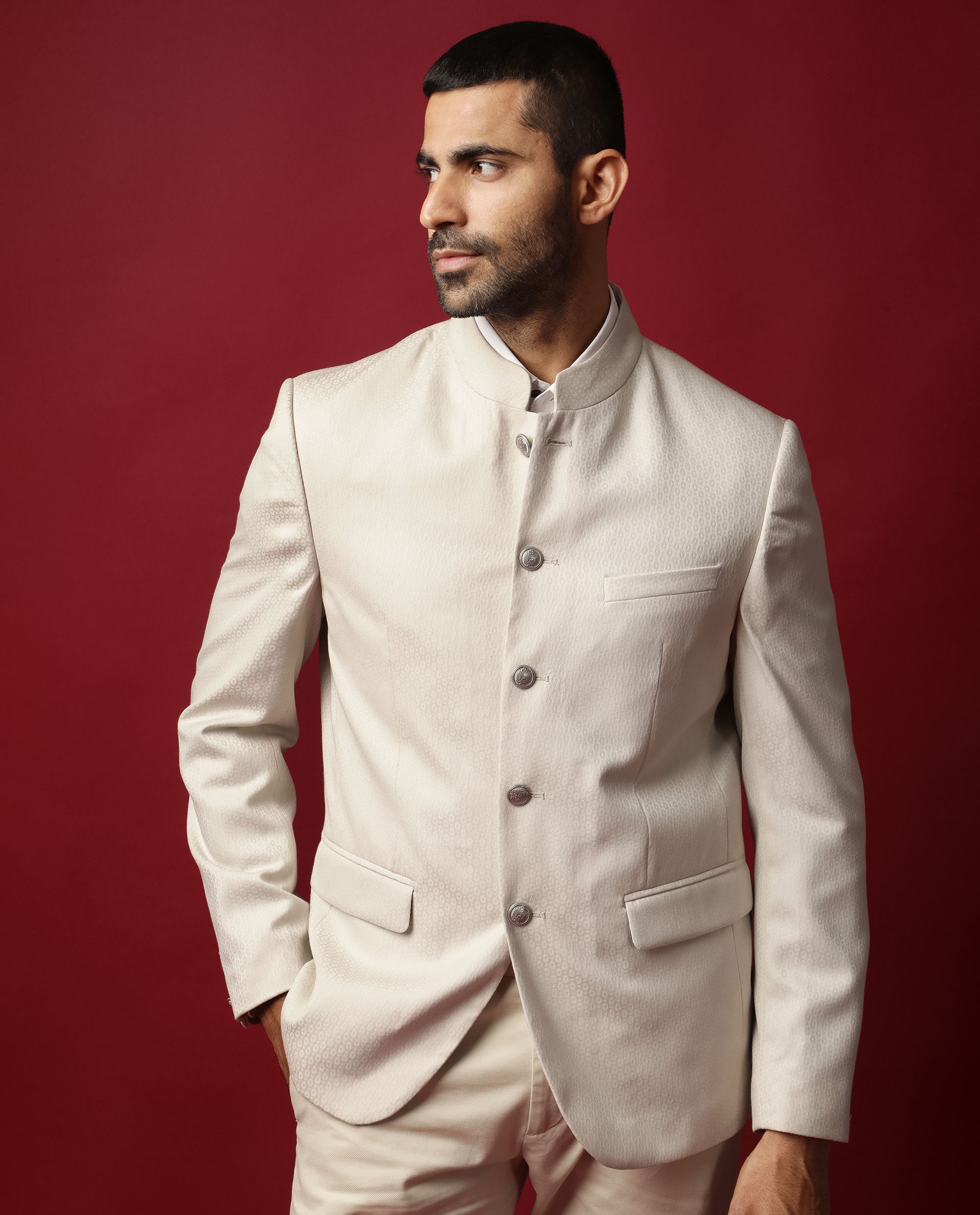 Rare Rabbit Men's Elsie Beige Mandarin Collar Tailored Fit Geometric Jacquard Bandhgala