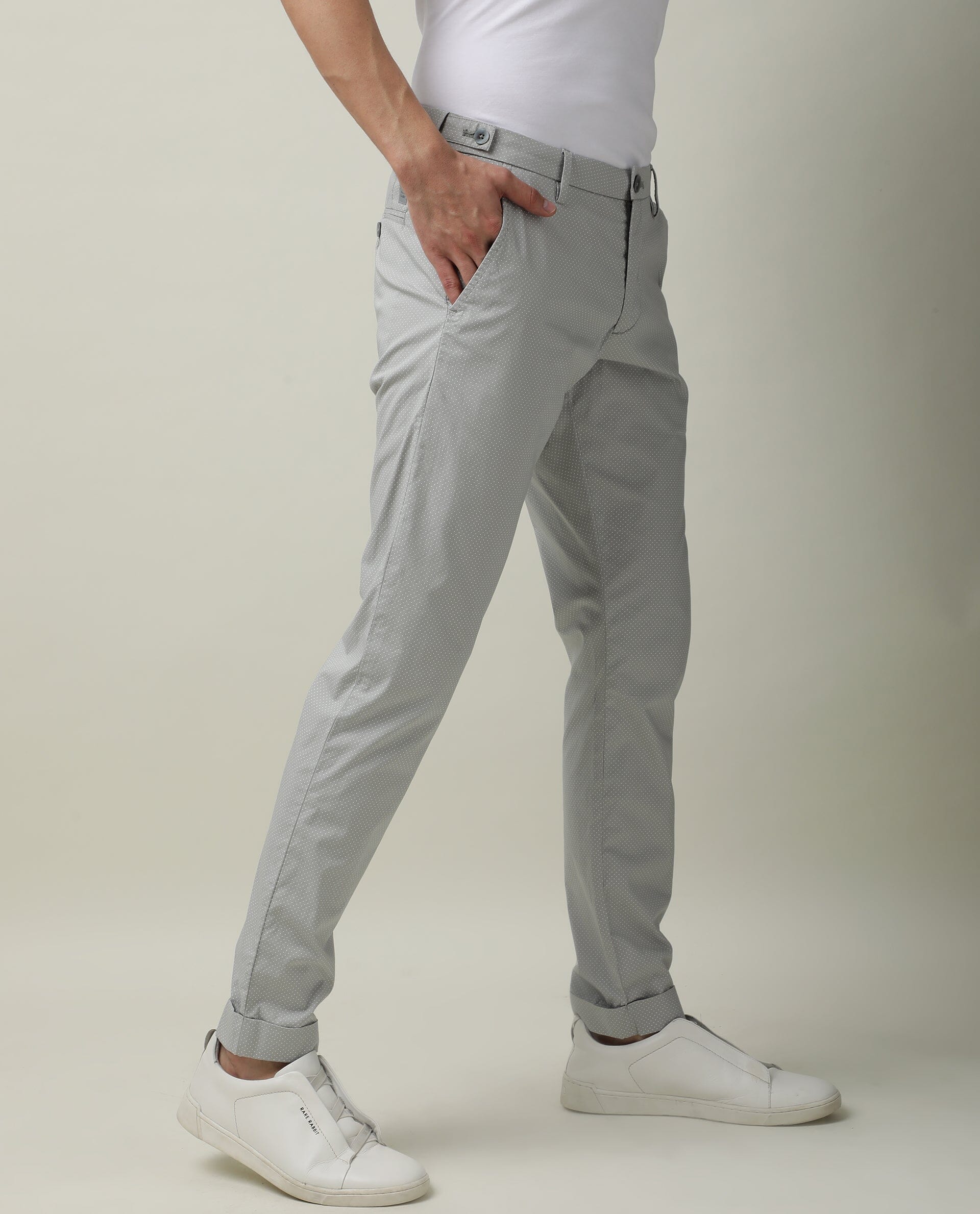 Rare Rabbit Men's Maxims Grey Mid-Rise Slim Fit Polka Dot Trousers