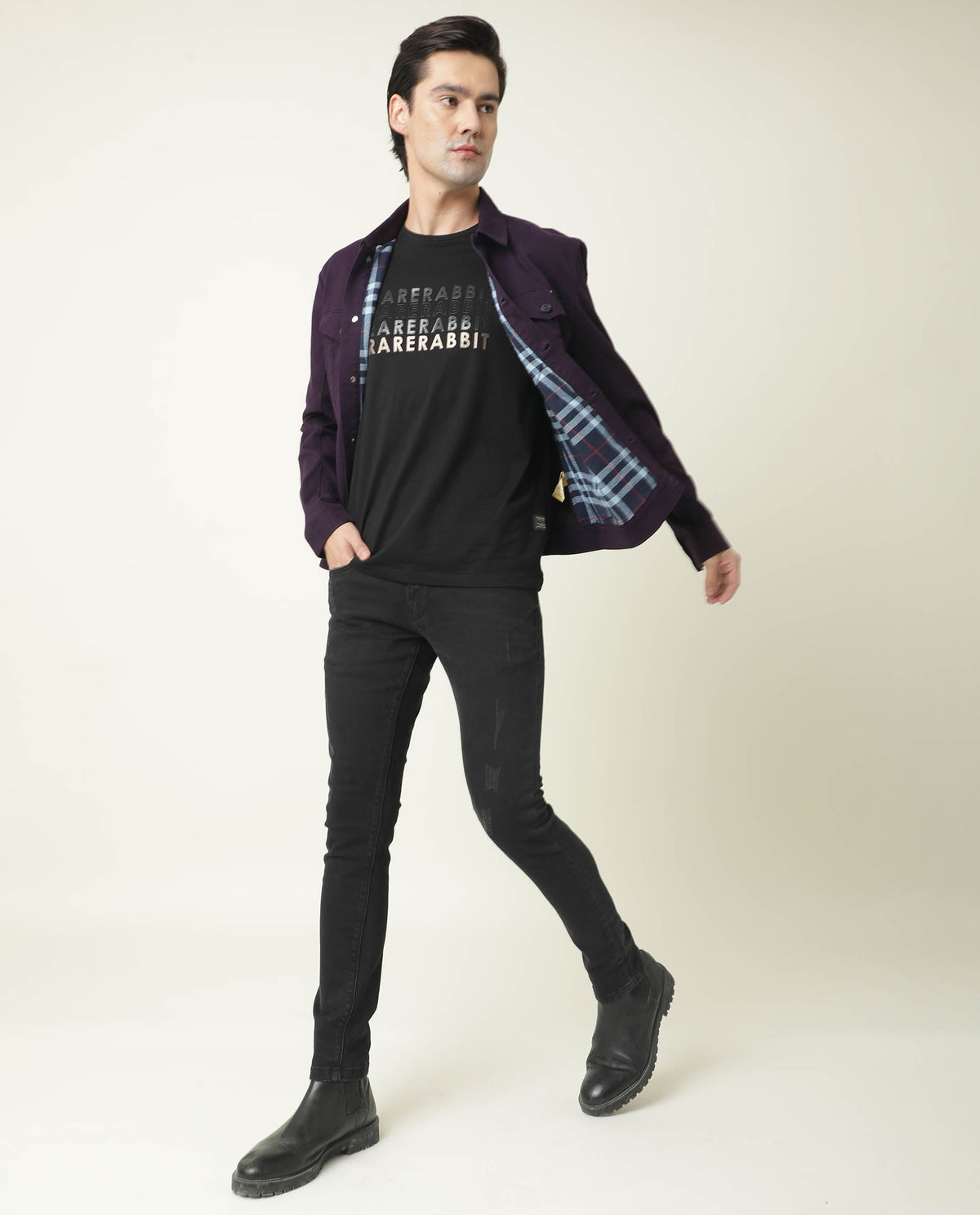 RARE RABBIT MEN'S VINTAGE PURPLE JACKET COTTON FABRIC COLLARED NECK FULL SLEEVES BUTTON CLOSURE SLIM FIT
