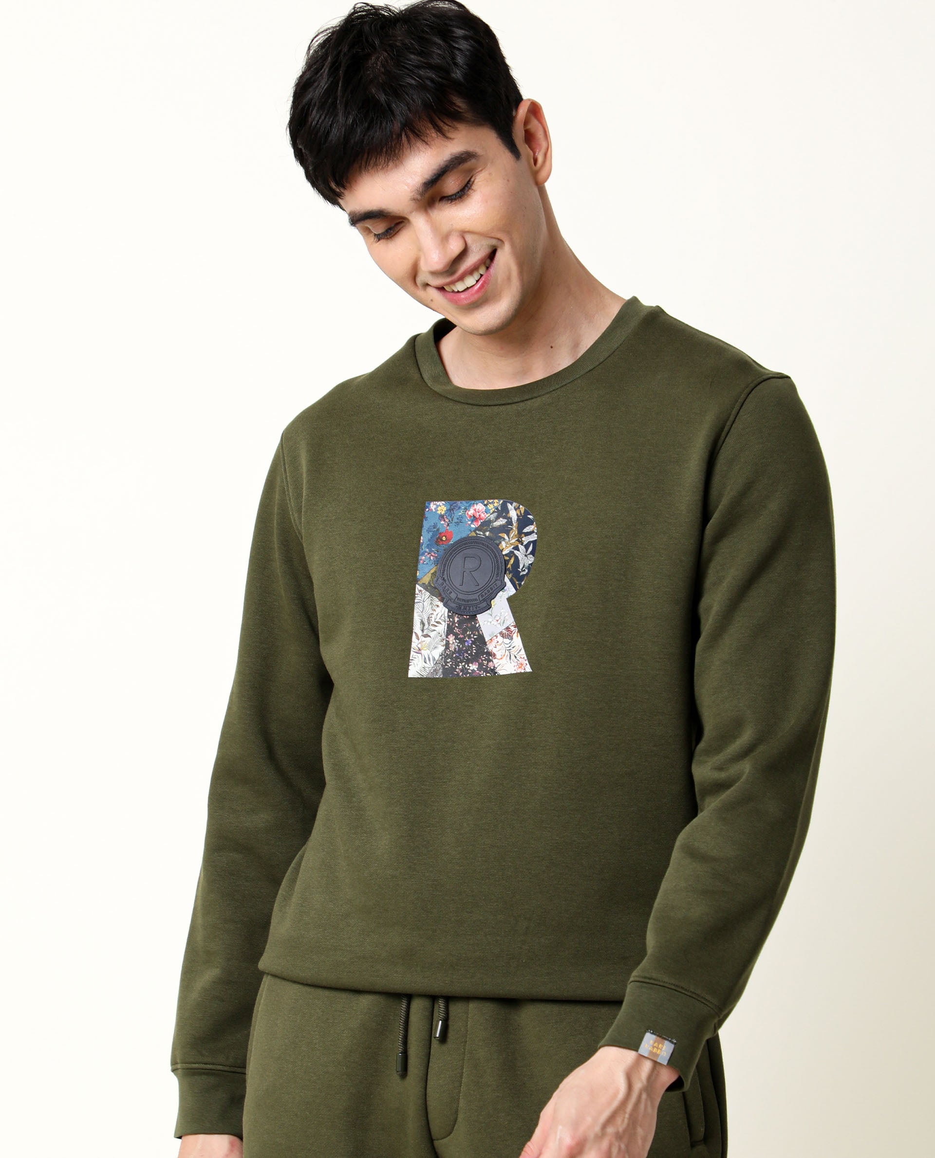 Rare Rabbit Men's Astor Olive Cotton Polyester Fabric Full Sleeves Floral Graphic Print Sweatshirt